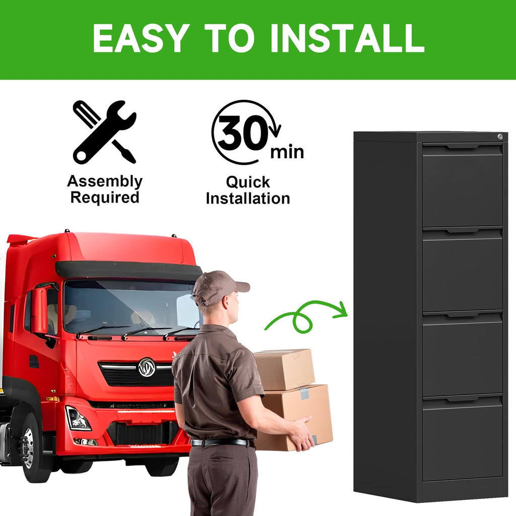 4 Drawer File Cabinet with Lock,Metal Vertical Filing Cabinets for Home Office,Heavy Duty File Storage Cabinet for Letter/Legal/A4/F4 Size File,Easy to Assemble,Black