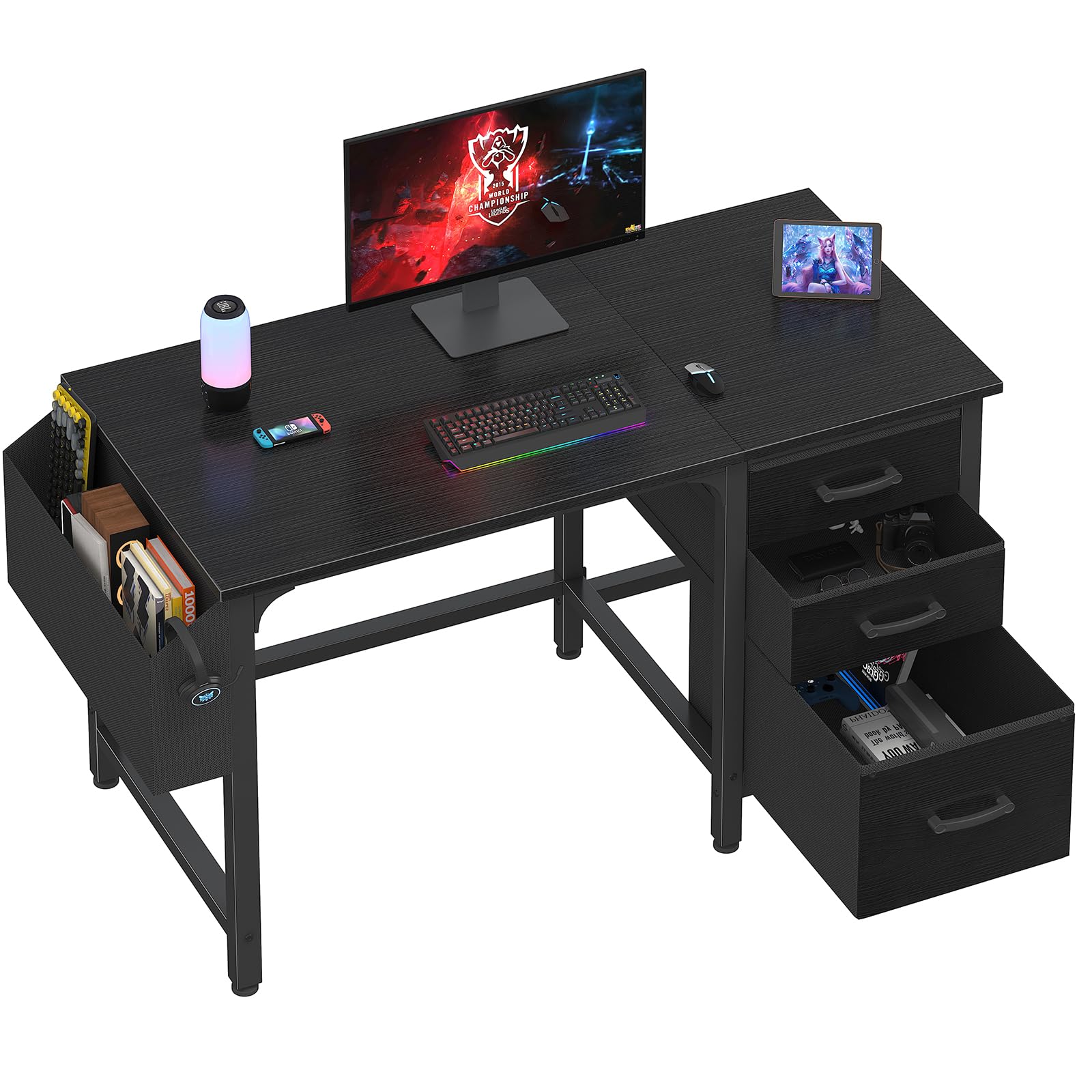 Computer Desk with File Drawers Cabinet, 47 Inch Reversible Home Office Desks with Filing Cabinet for Small Space, Gaming Study Writing Table PC Desks, Black