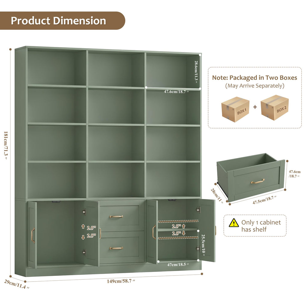 71" Tall Triple Wide Bookshelf with Storage Drawers & Doors, Green