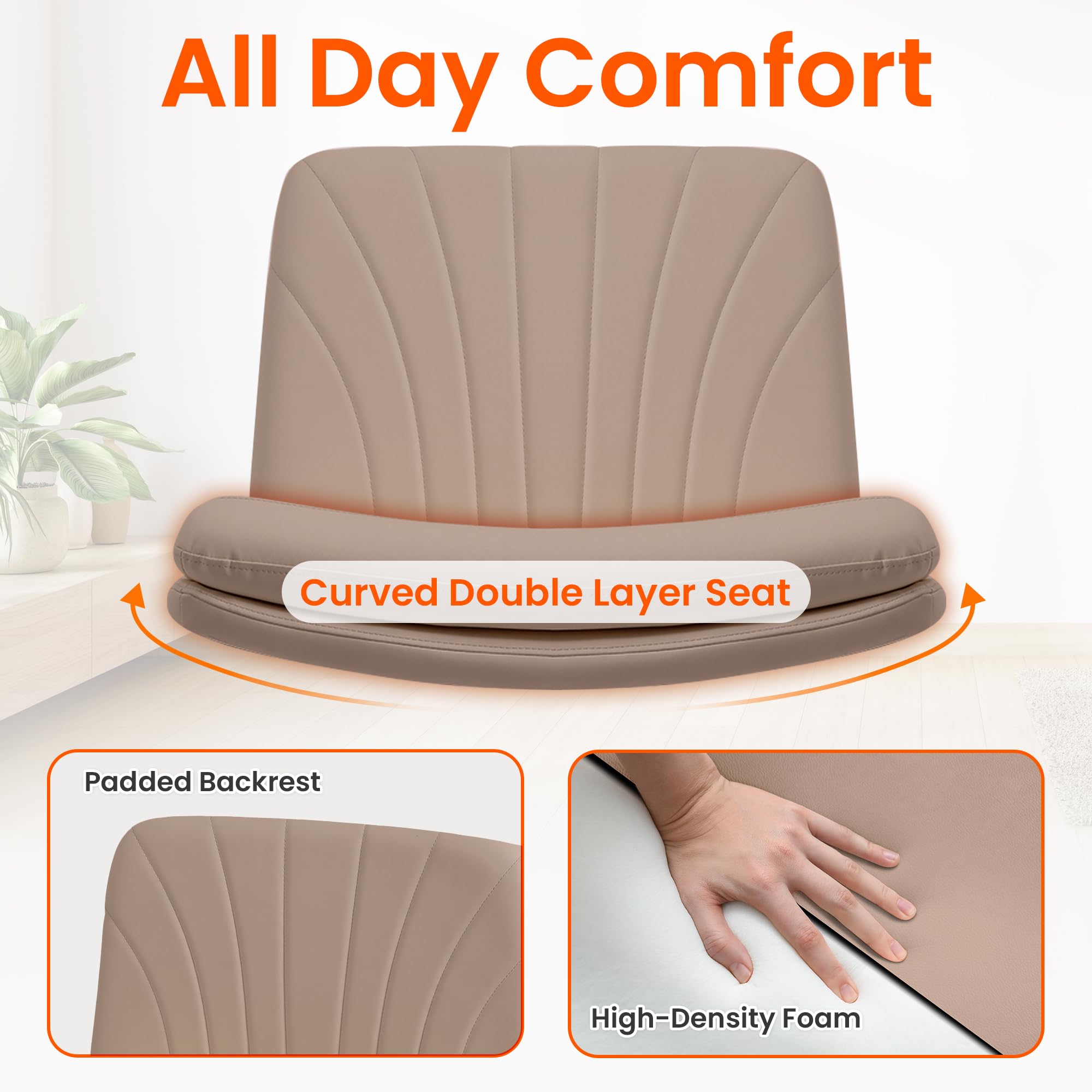 Criss Cross Chair with Wheels Comfy Wide Vanity Desk Chair Dual Base Leather Armless Adjustable Swivel for Home Computer Task (Brown Pu, Faux Leather)