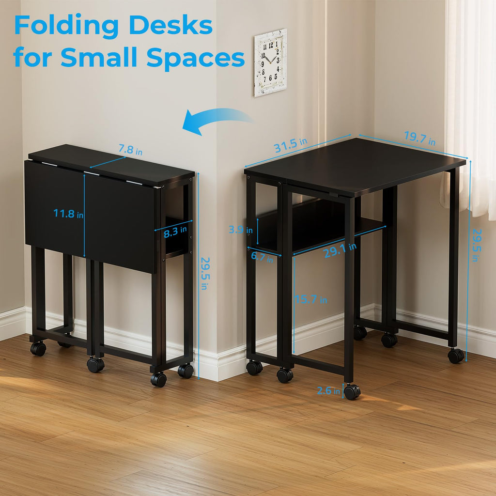 Folding Desk with Wheels, 31.5 Inch Compact Rolling Computer Table with Storage Shelf, Portable Mobile Workstation for Small Spaces, Easy Assembly, Black