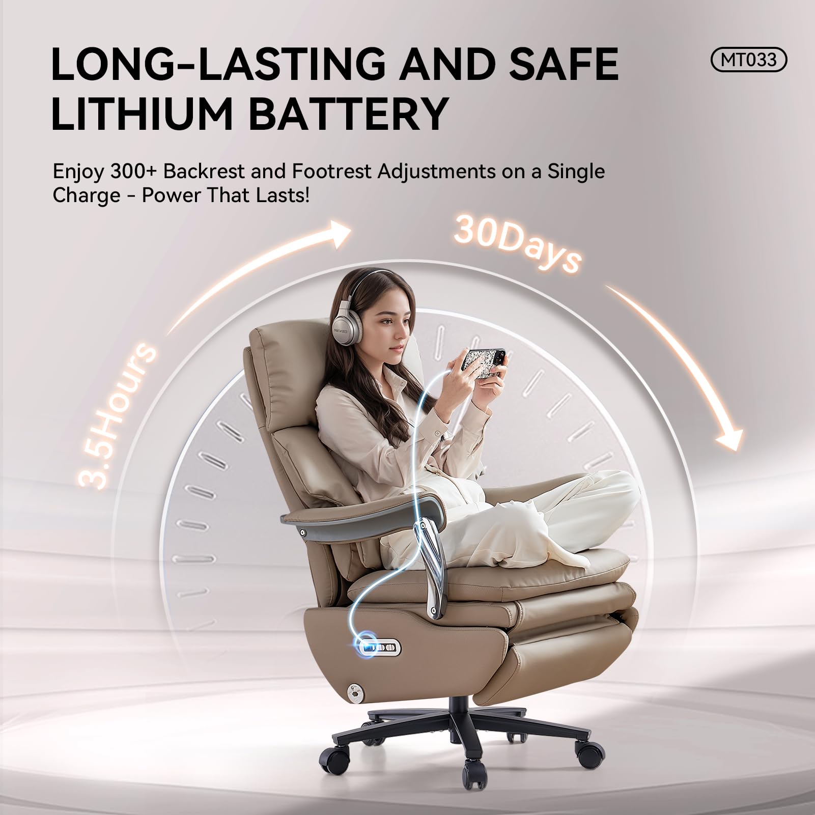 Ergonomic Office Chair with Foot Rest Electric Executive Office Chair Power Reclining with Massage Big and Tall High Back Computer Chair with Wheels, Sustainable Leather（Light Khaki）