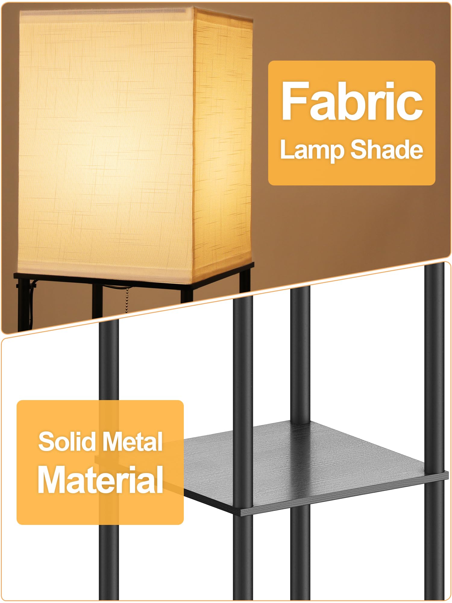 Floor Lamp with Shelves for Living Room, Shelf Floor Lamp with 3 CCT LED Bulb, Corner Display Standing Column Lamp Etagere Organizer Tower Nightstand with White Linen Shade for Bedroom, Office