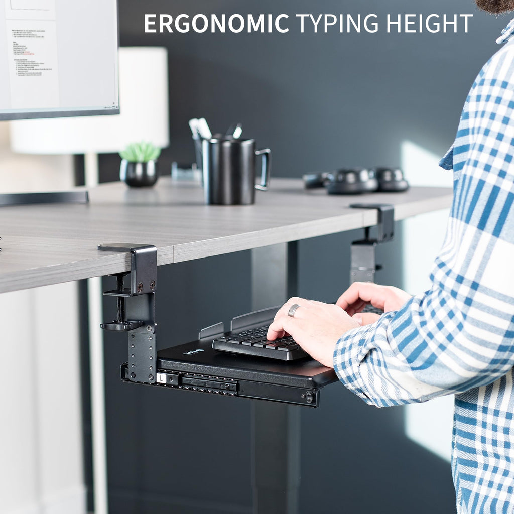 Large Height Adjustable Under Desk Keyboard Tray, C-clamp Mount System, 27(33 Including Clamps) x 11 inch Slide-Out Platform for Typing, Black