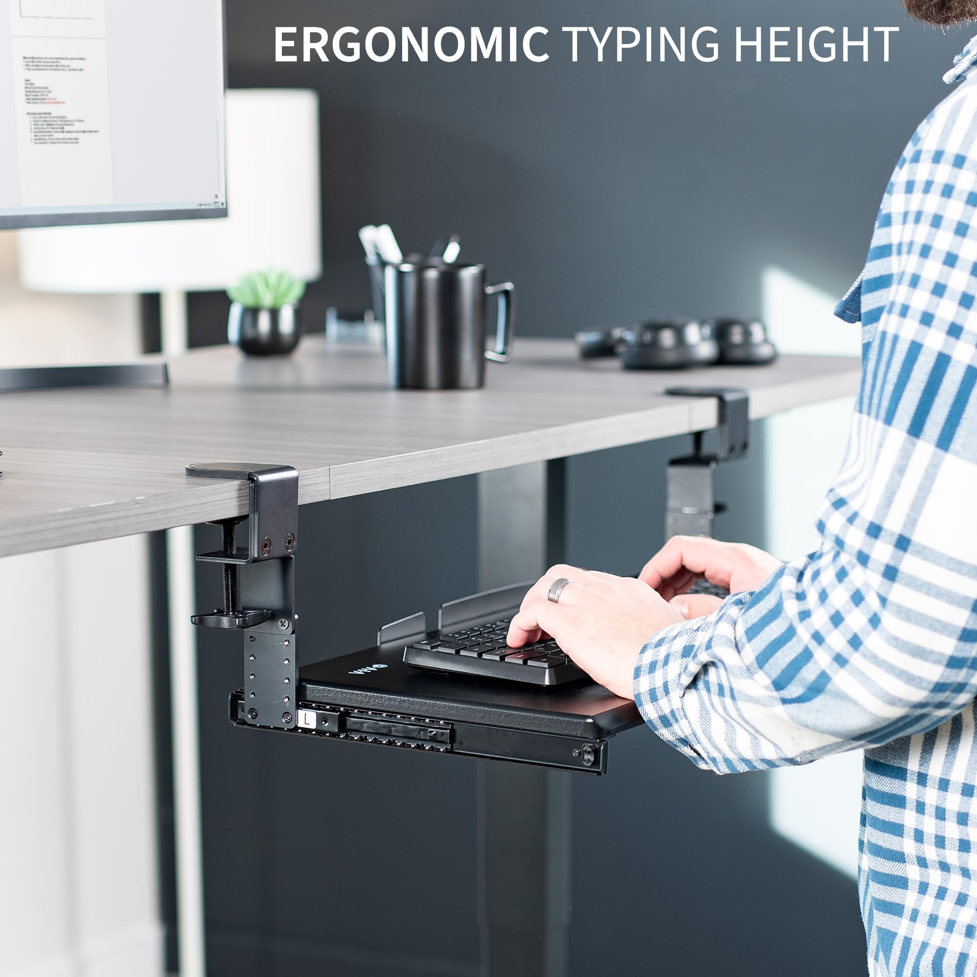 Large Height Adjustable Under Desk Keyboard Tray, C-clamp Mount System, 27(33 Including Clamps) x 11 inch Slide-Out Platform for Typing, Black