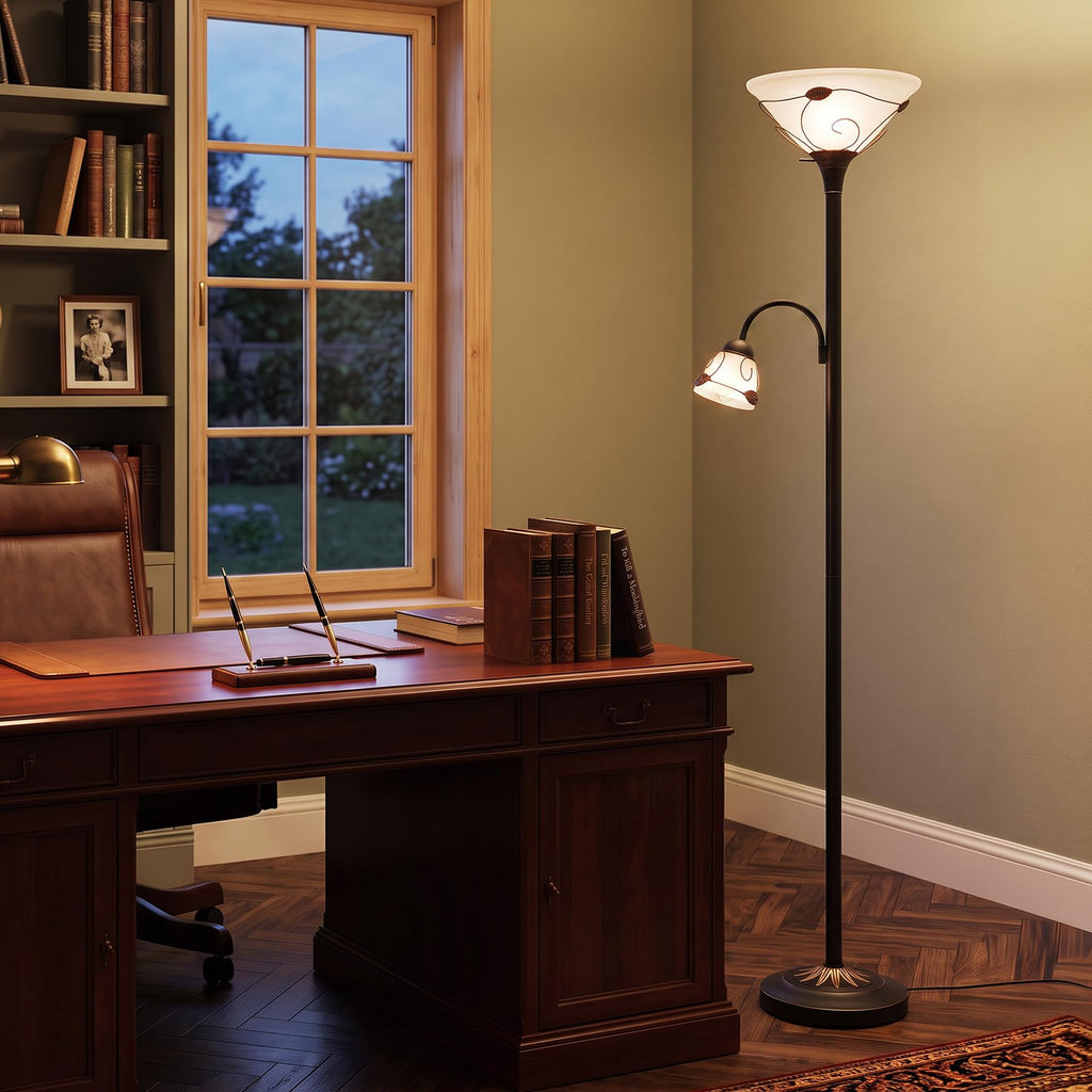 Torchiere Floor Lamp with Side Reading Light, 3-Way Switch Combo Antique Bronze Mother Daughter Floor Lamp with Glass Shade, 71" Desk Floor Lamp for Living Room Corner Bedroom Home Office