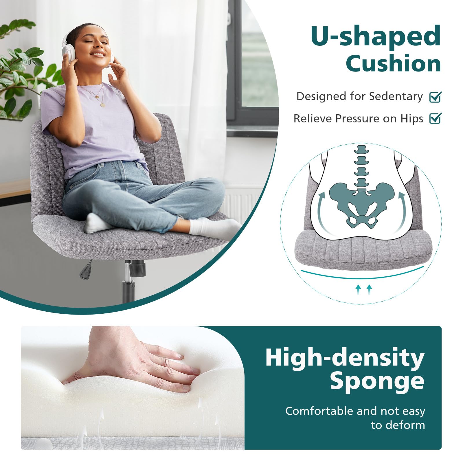 Criss Cross Chair with Wheels Wide Cross Legged Office Desk Vanity Chair Comfy Fabric Armless Height Adjustable Swivel for Home Computer Task Gray