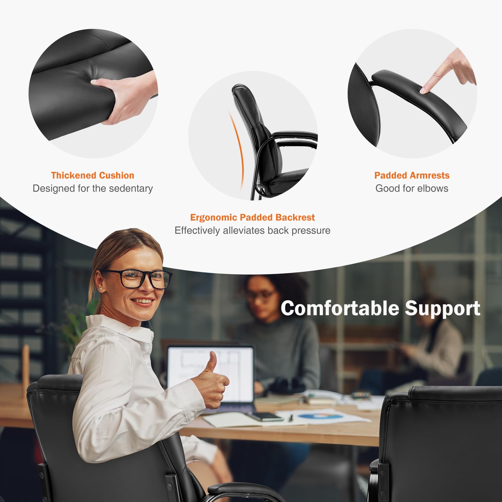 Set of 2, Waiting Room Guest Chair Stationary Office Reception Chairs No Wheel, Comfy Padded Arms and Seld Base, for Conference Room Lobby Home Computer Desk Bedroom Elderly, Deep Black