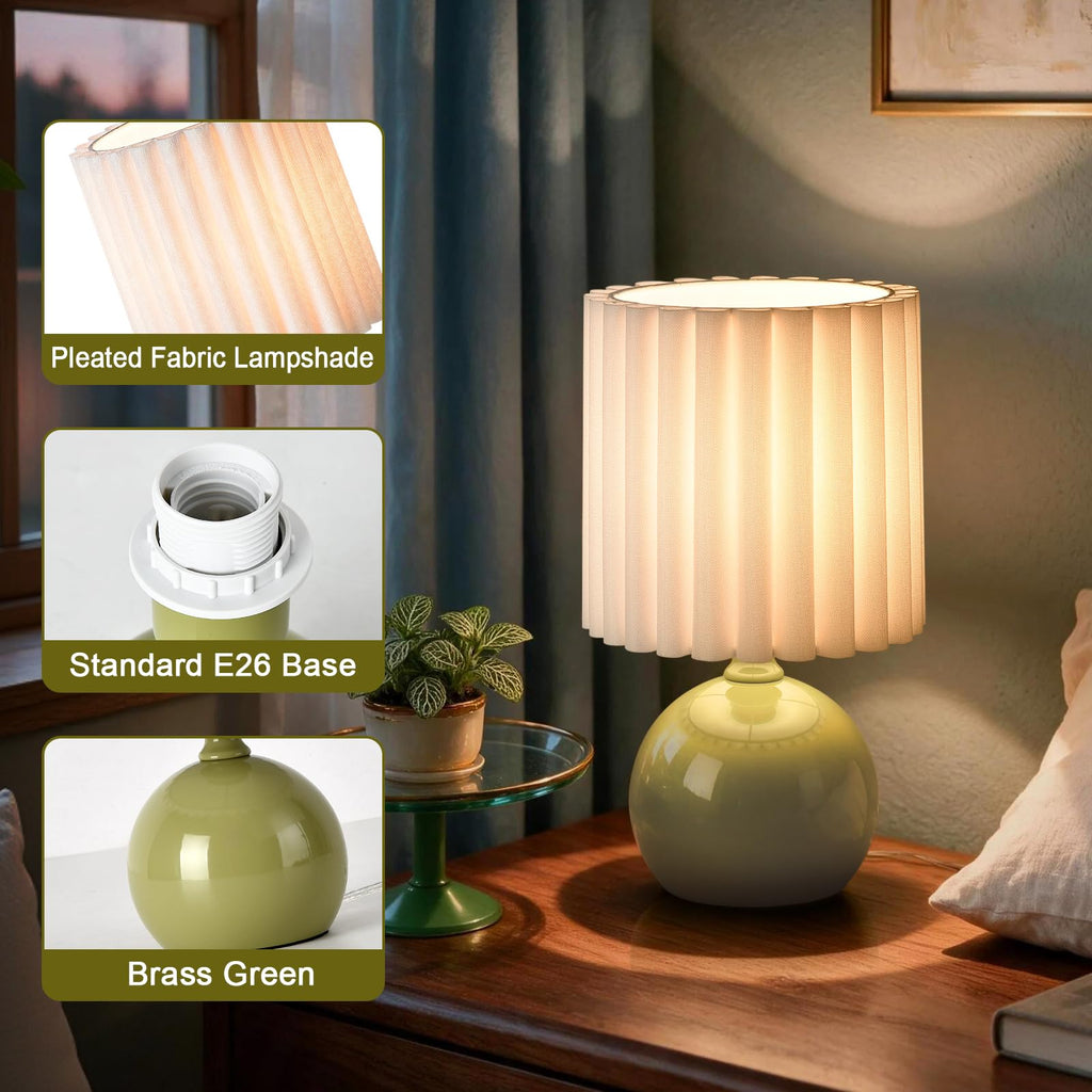 Green Small Table Lamp with Scalloped Linen Shade, Mini Green Table Lamp for Bedroom Nightstand, Cute Desk Night Light for Living Room, Bookshelf, Kitchen Counter, Kids Room, Office