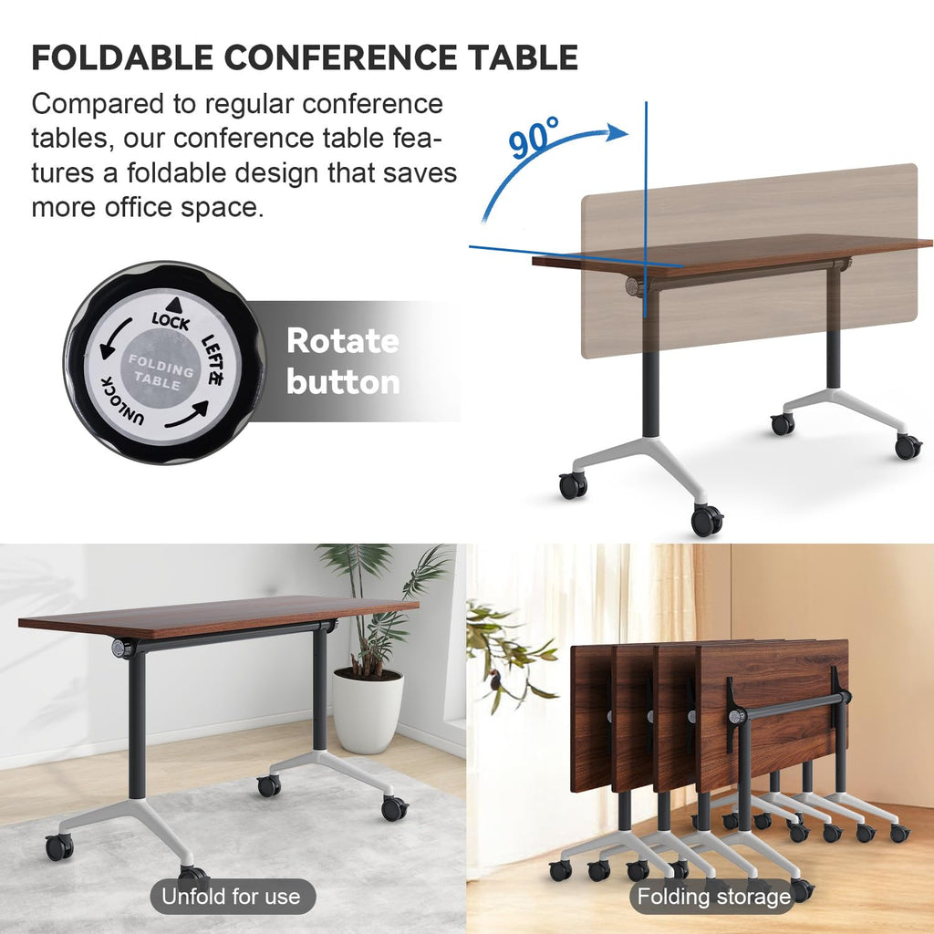 Conference Table,Folding Conference Room Tables with Wheels, 6ft Modular Training Tables for Office/Classroom/Meeting, Lockable 360° Silent Wheels＆Space Saving Stackable, Walnut Finish, 2 Pack
