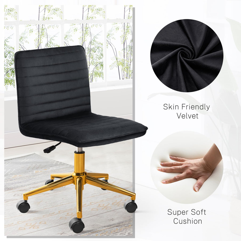 Office Desk Chair, Armless Desk Chair with Wheels Soft Velvet Adjustable Height, Comfy Computer Rolling Chairs with Gold Metal Base Stool,Black