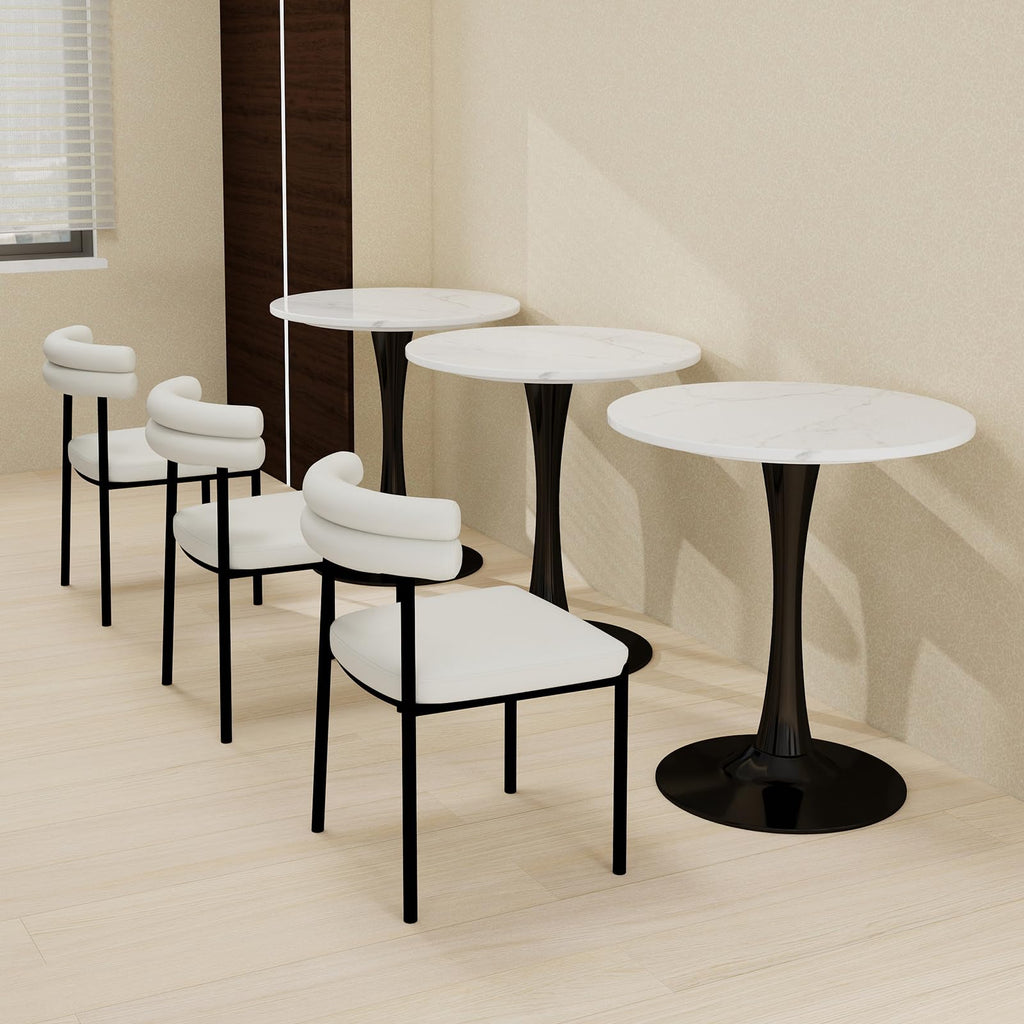 Sybrioka 27.6" Marble Round Tulip Table, Mid-Century Modern Style Dining Table with Black Pedestal Base for 2-4 People, Featuring A Marble Tabletop for Kitchen, Dining Room, Cafe (White)