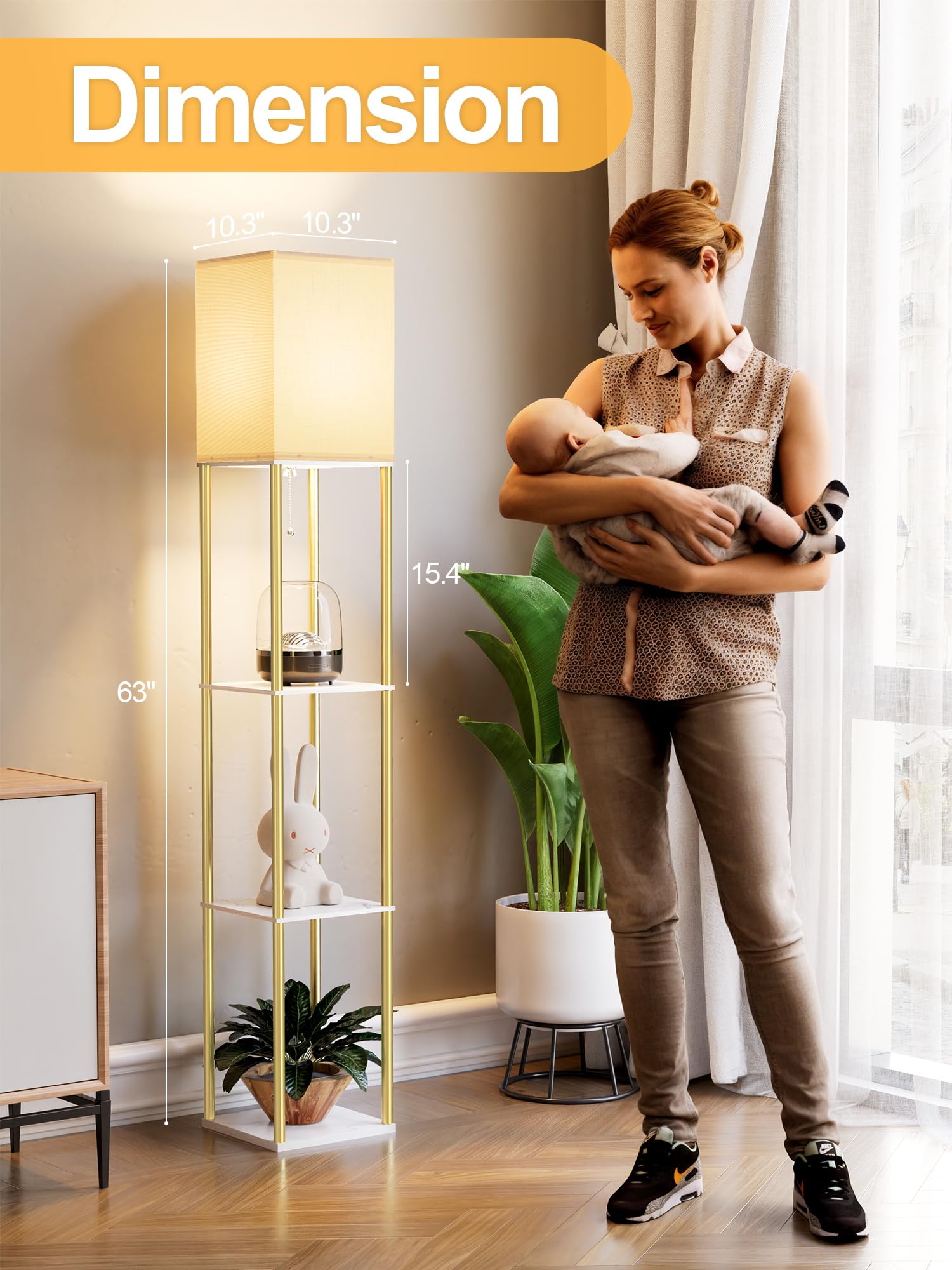 Floor Lamp with Shelves, Modern Corner Display Standing Column Shelf Lamp Etagere Organizer Tower Nightstand with White Linen Shade for Living Room, Bedroom and Office, Marble White and Gold Poles