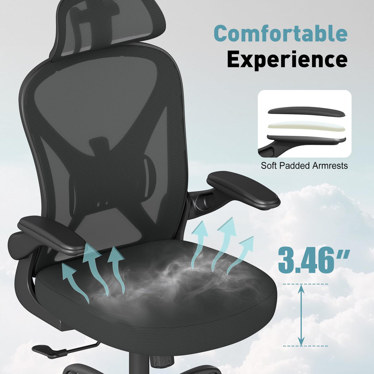 Ergonomic Office Chair, Mesh Fabric Home Office Chairswith Adjustable Lumbar Support, Headrest, 360° Swivel, and Flip-UpArmrests, Black