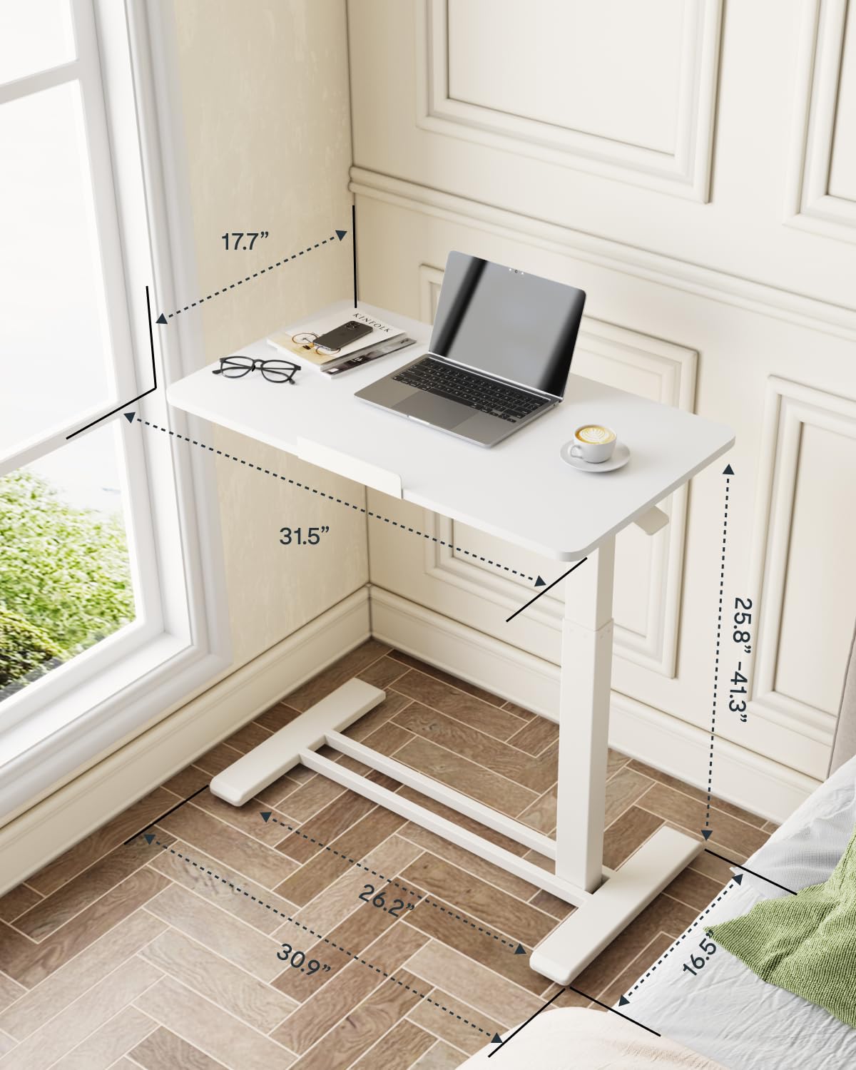 H7 PRO Mobile Standing Desk Adjustable Overbed Table Pneumatic with Wheels 90°Tiltable Portable Laptop Desk Rolling Computer Cart Foldable Bedside Table(31.5" W x 17.7" D, White)