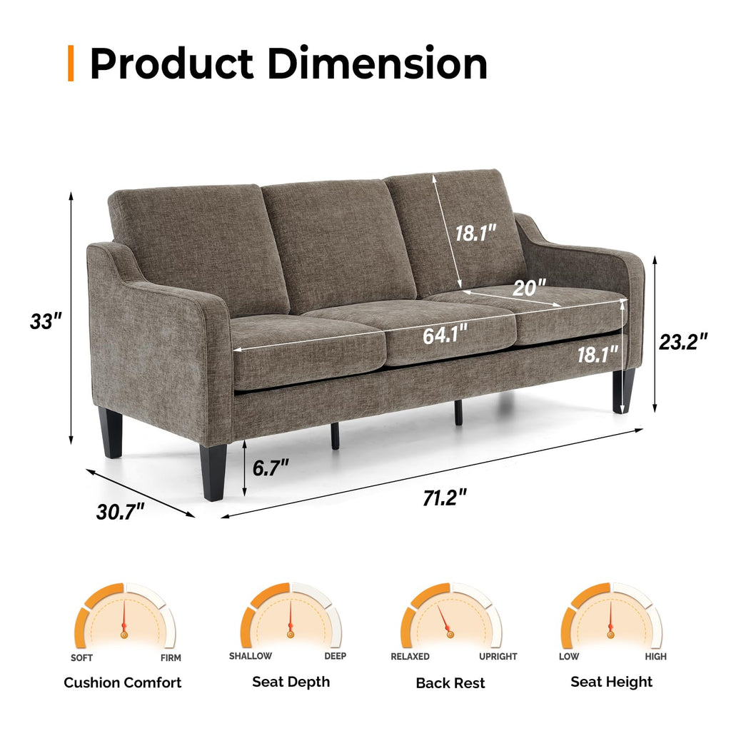Brown 71" Small Sofa Mid Century Modern Couches 3 Seater Comfy Couch Upholstered Soft Chenille Floor Couch for Bedroom, Apartment, Office