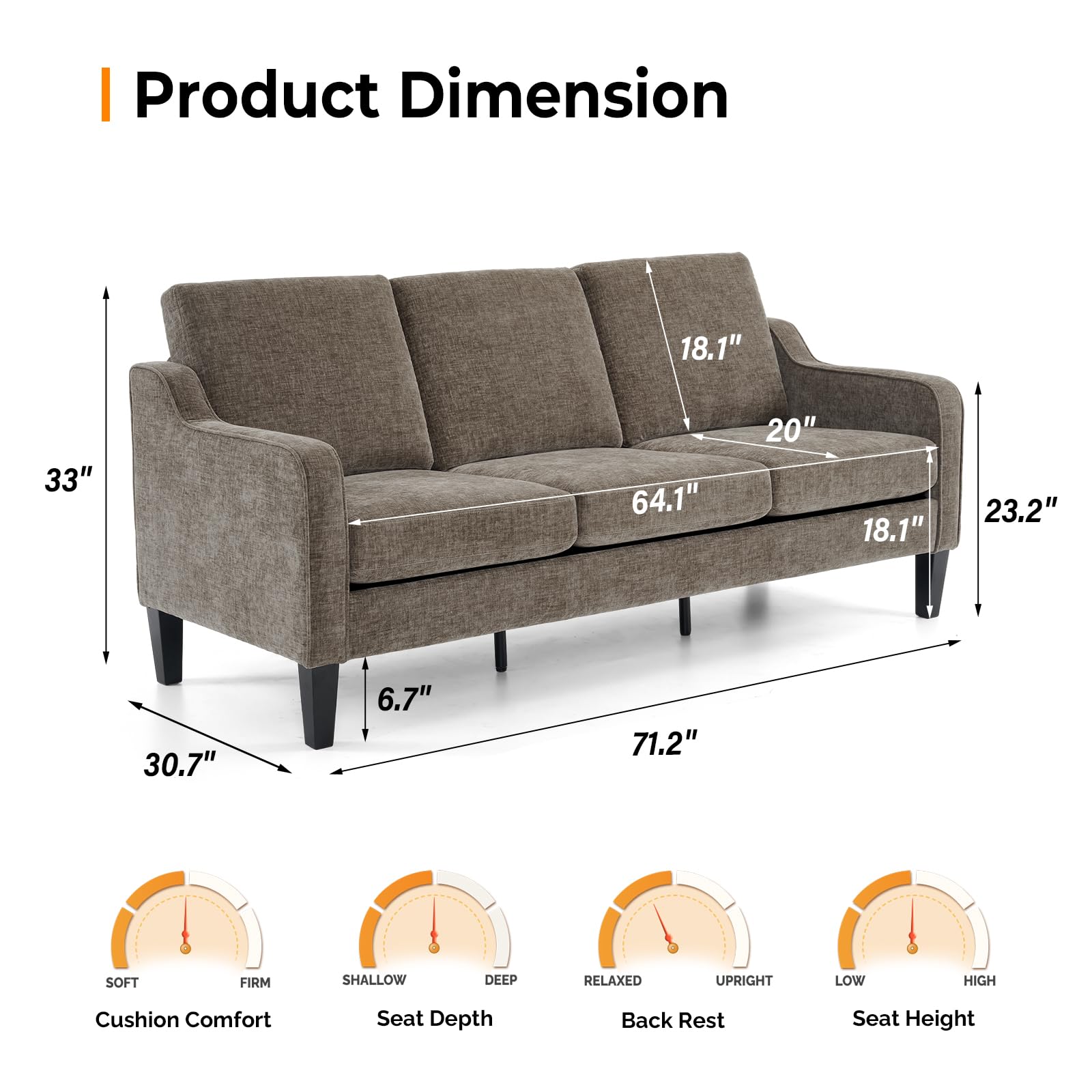 Brown 71" Small Sofa Mid Century Modern Couches 3 Seater Comfy Couch Upholstered Soft Chenille Floor Couch for Bedroom, Apartment, Office