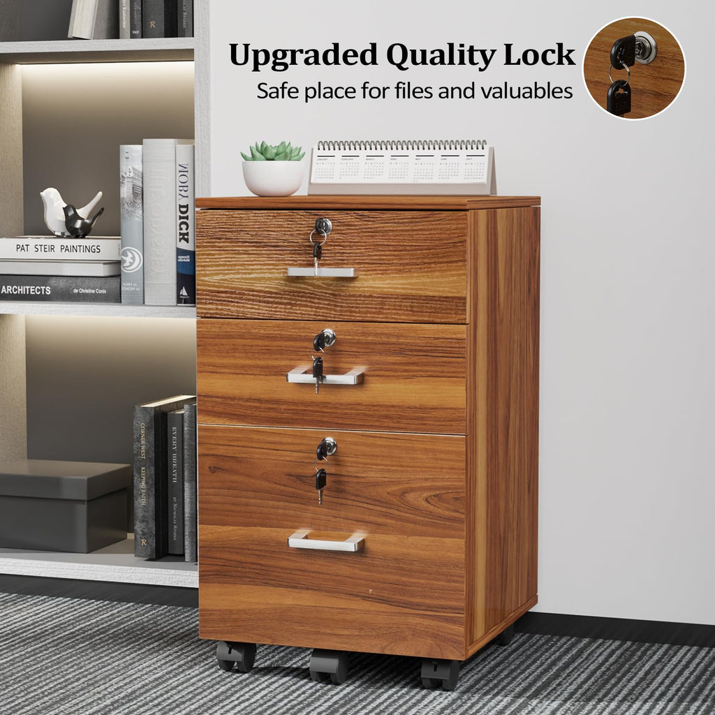 3-Drawer File Cabinet with Lock, Wood Rolling Filing Cabinets for Home Office, Mobile Printer Stand, Under Desk File Organizer for Letter Sized Files, 26" H(Caster Included), Walnut
