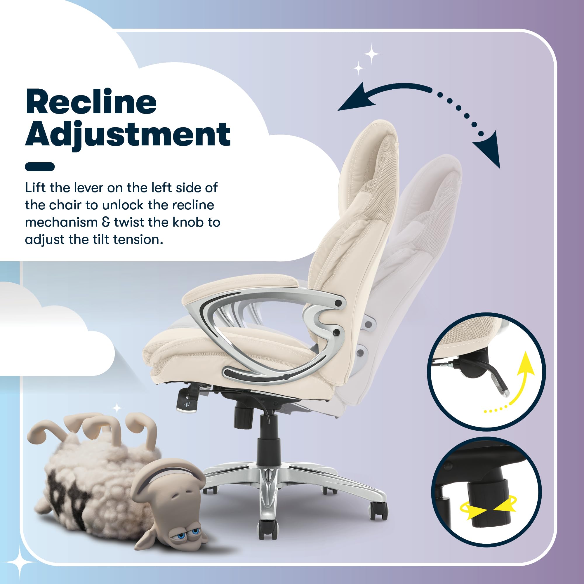 Executive Office Chair - Ergonomic Computer DeskChair with Lumbar Technology - Adjustable Height - Memory Foam Body Pillows - 360° Swivel Rolling Base - Bonded Leather - Cream