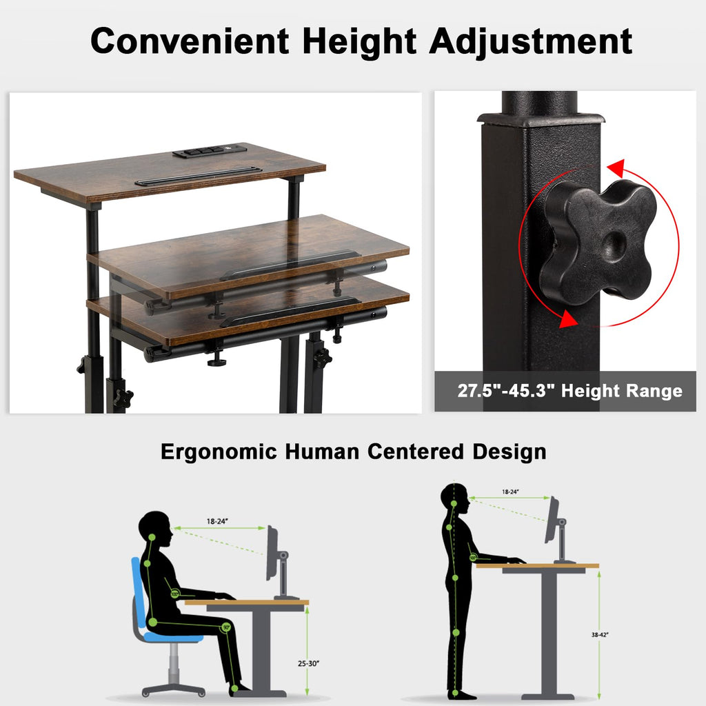 Mobile Standing Desk with Wheels, Rolling Desk Adjustable Height, Portable Laptop Table with Charging Station, Sit Stand up for Home Office, Study, Classroom, Rustic Brown
