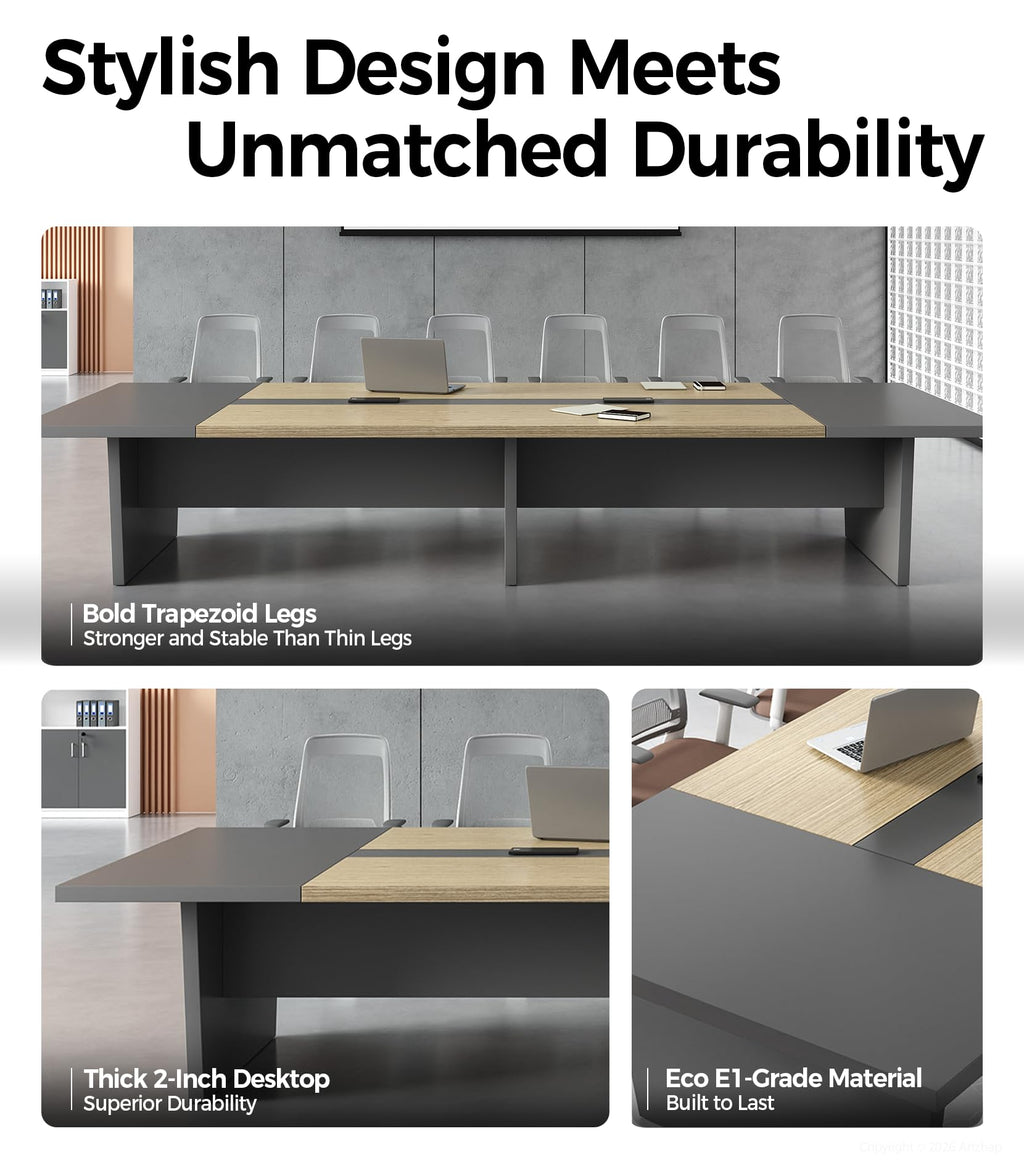 8FT Conference Table, Seats 8 to 10, Rectangular Boardroom Meeting Table with Built-in Power Outlets and USB Ports, 2" Thick Tabletop & Heavy-Duty Base (Oak & Gray, 95" L * 47" W * 30" H)