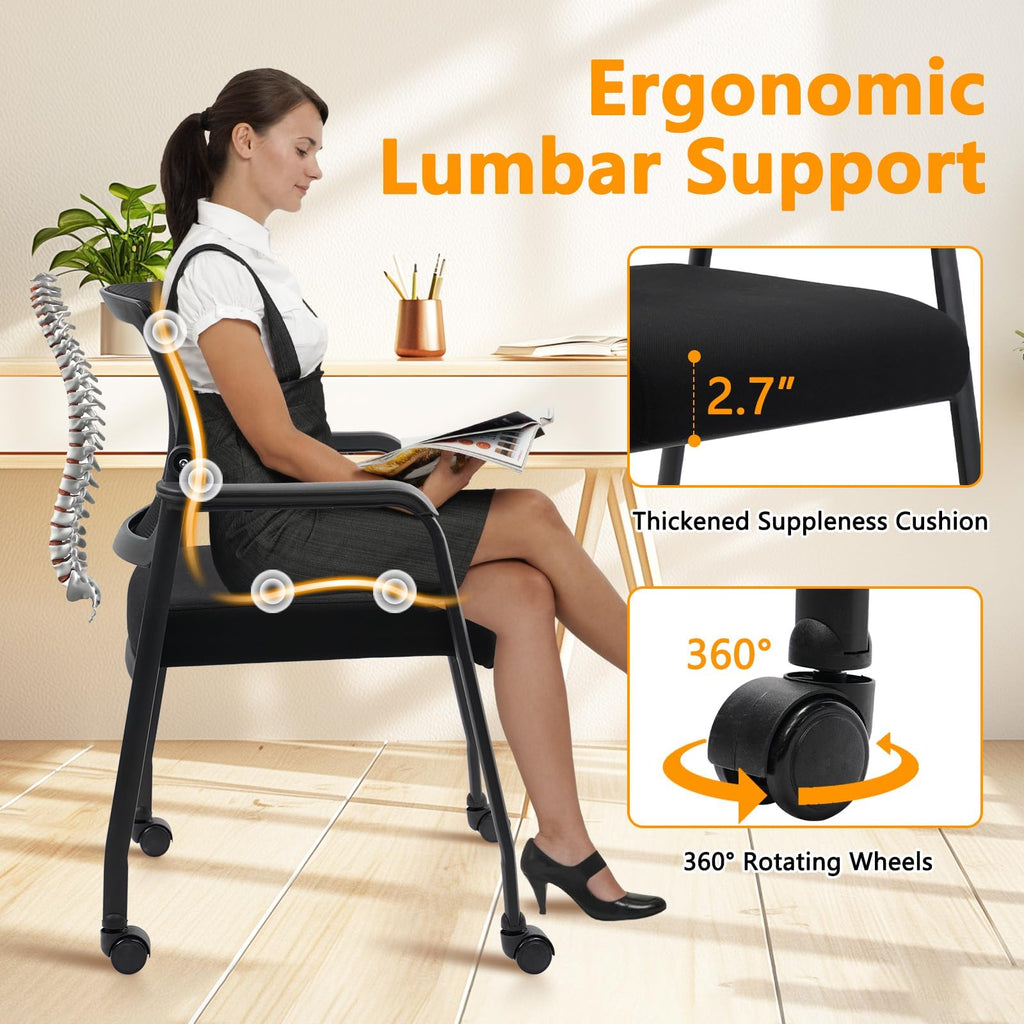 Waiting Room Chairs with Wheels, Adjustable Mesh Backrest, Desk Chair with Ergonomic Lumbar Support and Thickened Seats Cushion, Black