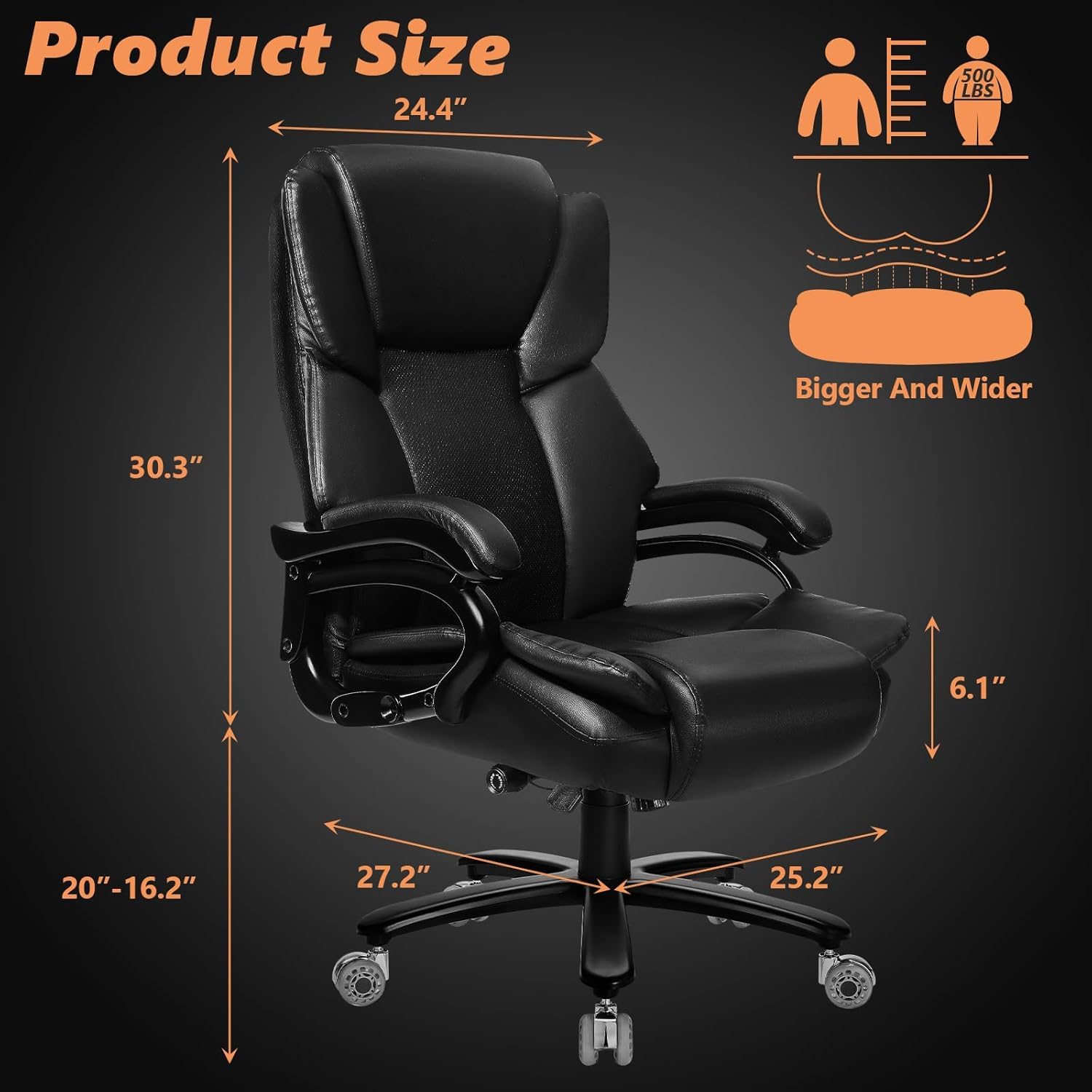 Indulgear 500lbs Big and Tall Office Chair with Gel Seat Cushion,Heavy Duty Office Chair for Heavy People, High Back Executive Computer Chair with Adjustable Lumbar Support, Dual Rubber Wheel