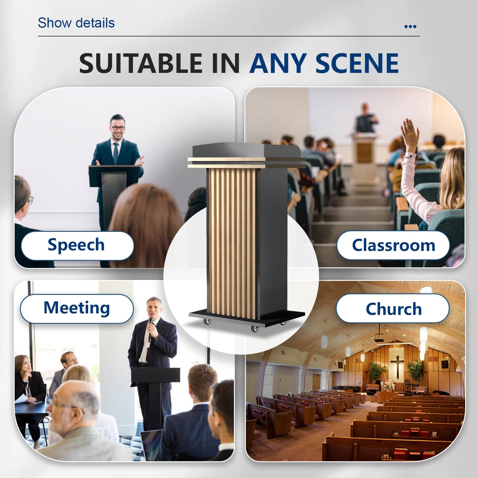 Wooden Podium Stand with Wheels, Pulpitos para Iglesias, Podium Board 17mm Thick, Lockable Drawer, Comes with Dust Cloth Durable and Mobile Lectern, Suitable for Churches, Meeting Room