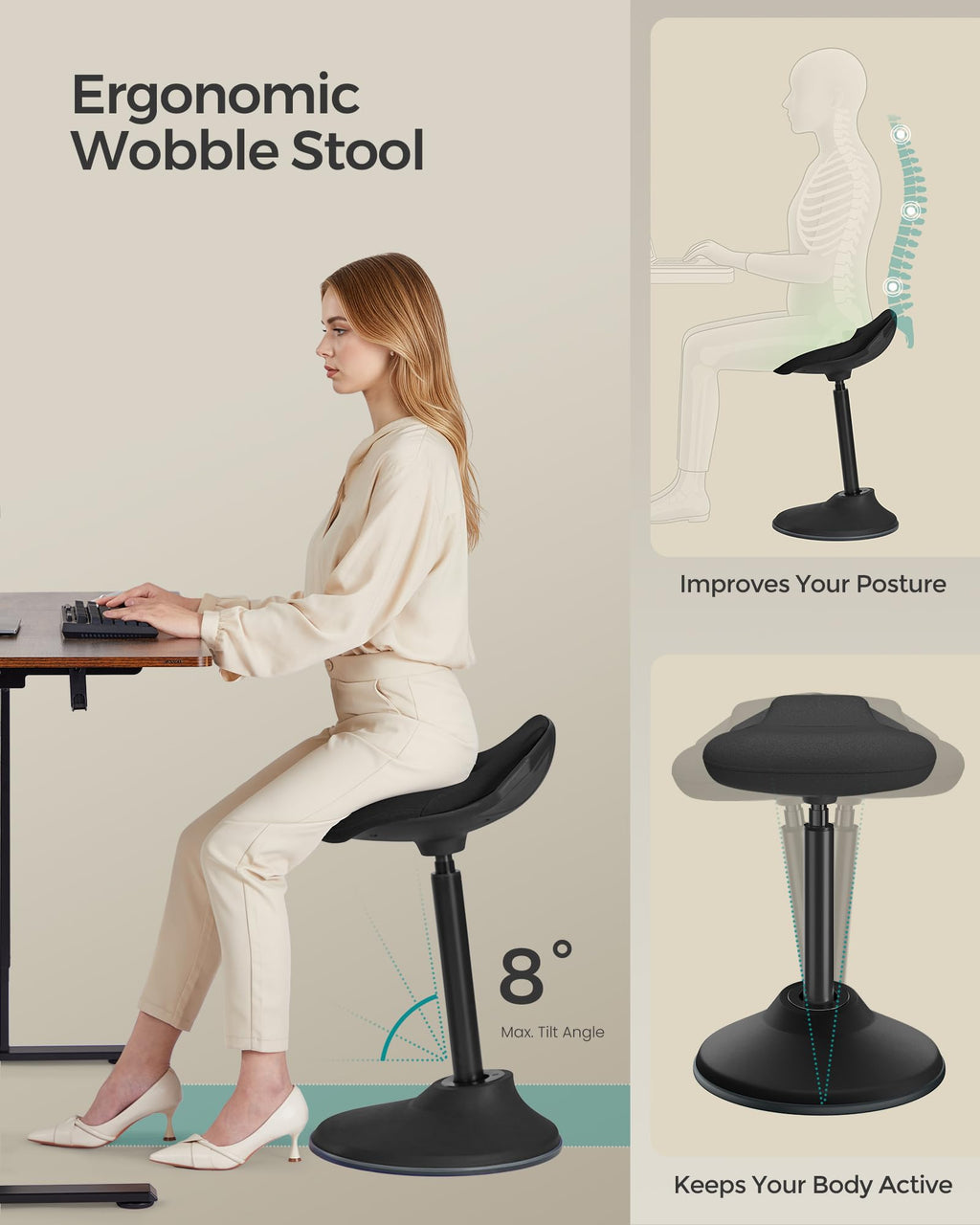 Ergonomic Sit Stand Stool , Height Adjustable Standing Desk Stool 23.6-33.3 Inches, Swivel Balance Chair with Non-Slip Base, Standing Chair, for Active Sitting, Office, Home, Ink Black