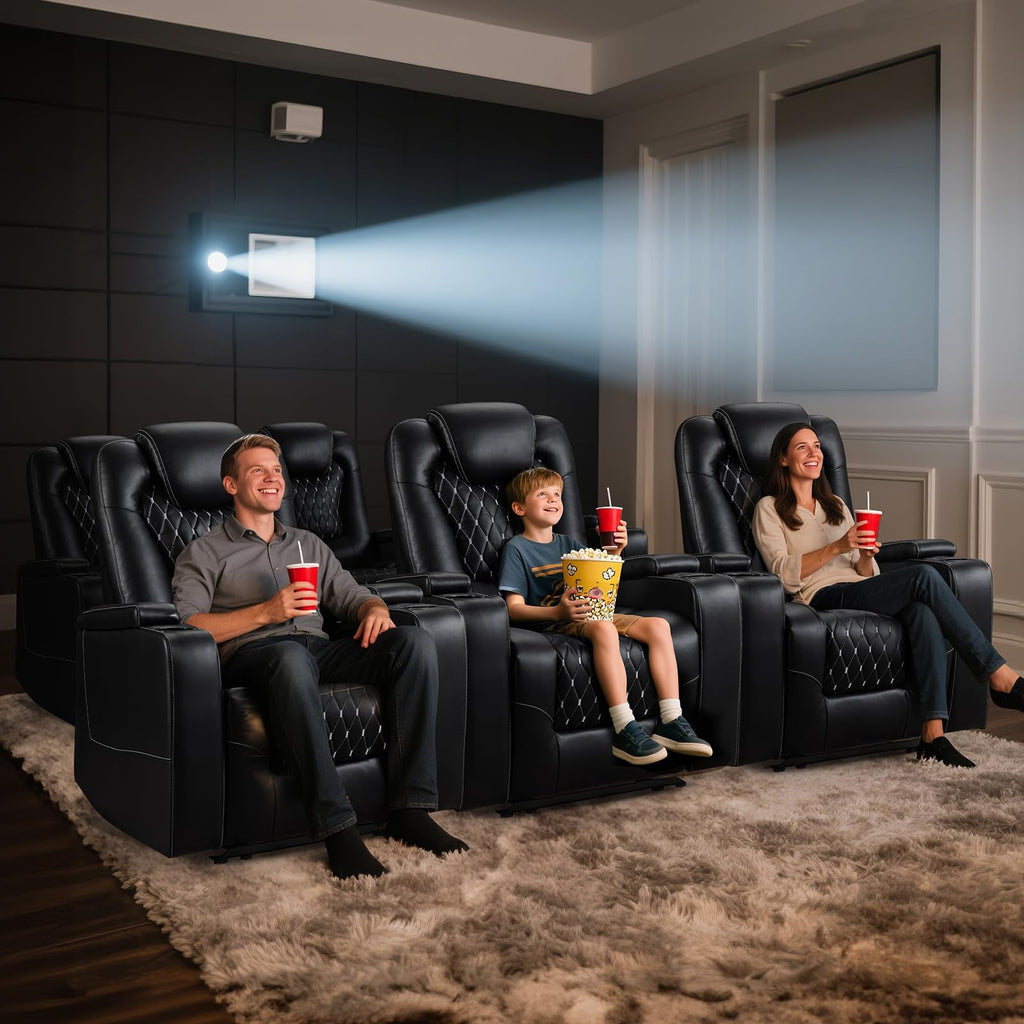 (Set of 2, Black) Power Recliner Chair with USB Ports and Cup Holders - Overstuffed Electric Home Theater Seating PU Leather Reclining Furniture with Hidden Arm Storage, Easy to Clean