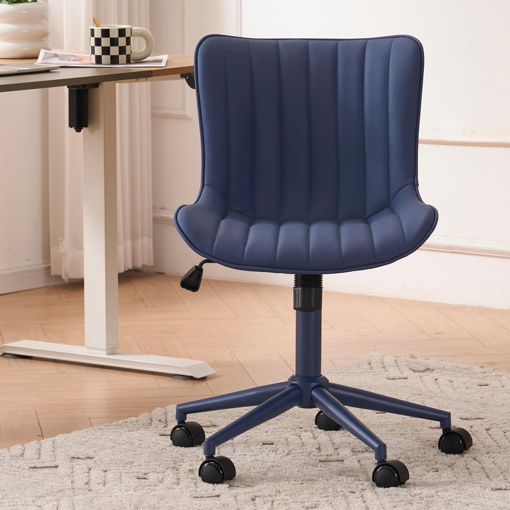 Office Desk Chair with Wheels Armless Vanity Chair with Back Comfy Leather Upholstered Rolling Task Chair Swivel Small Cute Sewing Chair No Arms Wide Ergonomic Mid-Century Modern Navy Blue