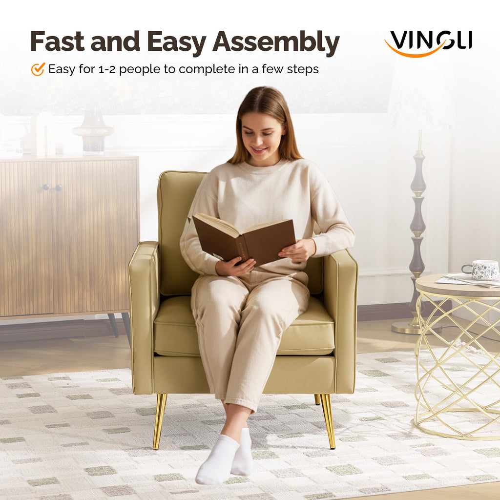 Modern PU Leather Accent Chairs Set of 2, Single Sofa Chair with Pocket Coil Seat, Metal Backrest & Solid Wood Frame, Upholstered Armchair for Office, Living Room, Bedroom