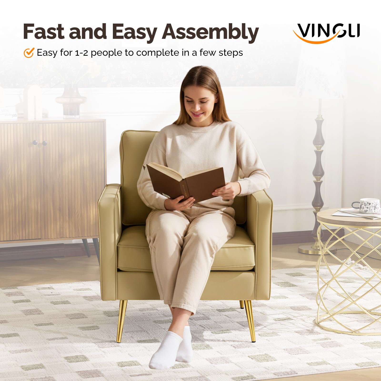 Modern PU Leather Accent Chairs Set of 2, Single Sofa Chair with Pocket Coil Seat, Metal Backrest & Solid Wood Frame, Upholstered Armchair for Office, Living Room, Bedroom