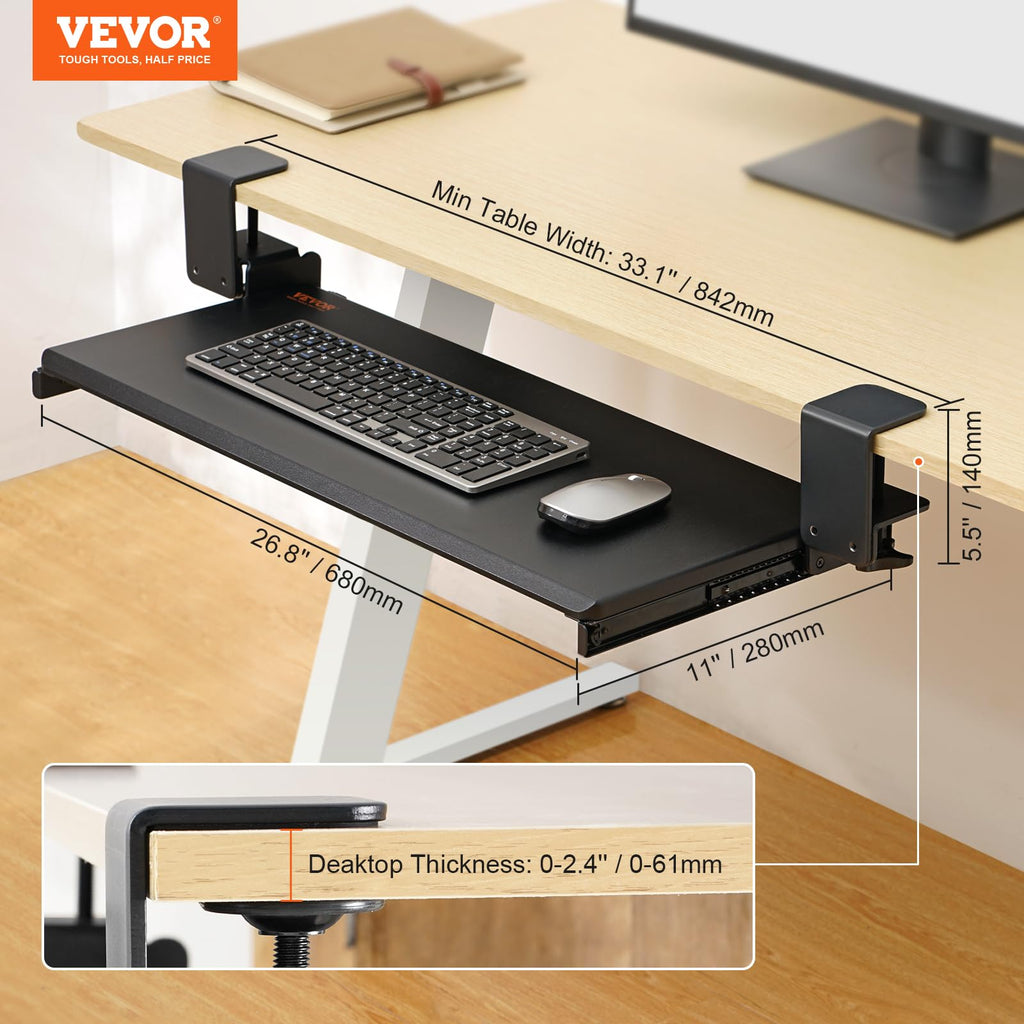 Clamp on Keyboard Tray Under Desk, Desk Keyboard Tray Slide Out with Sturdy No-Drill C Clamp Mount, Large 26.8 x 11 inch Slide-Out Computer Drawer for Typing in Home, Office Work
