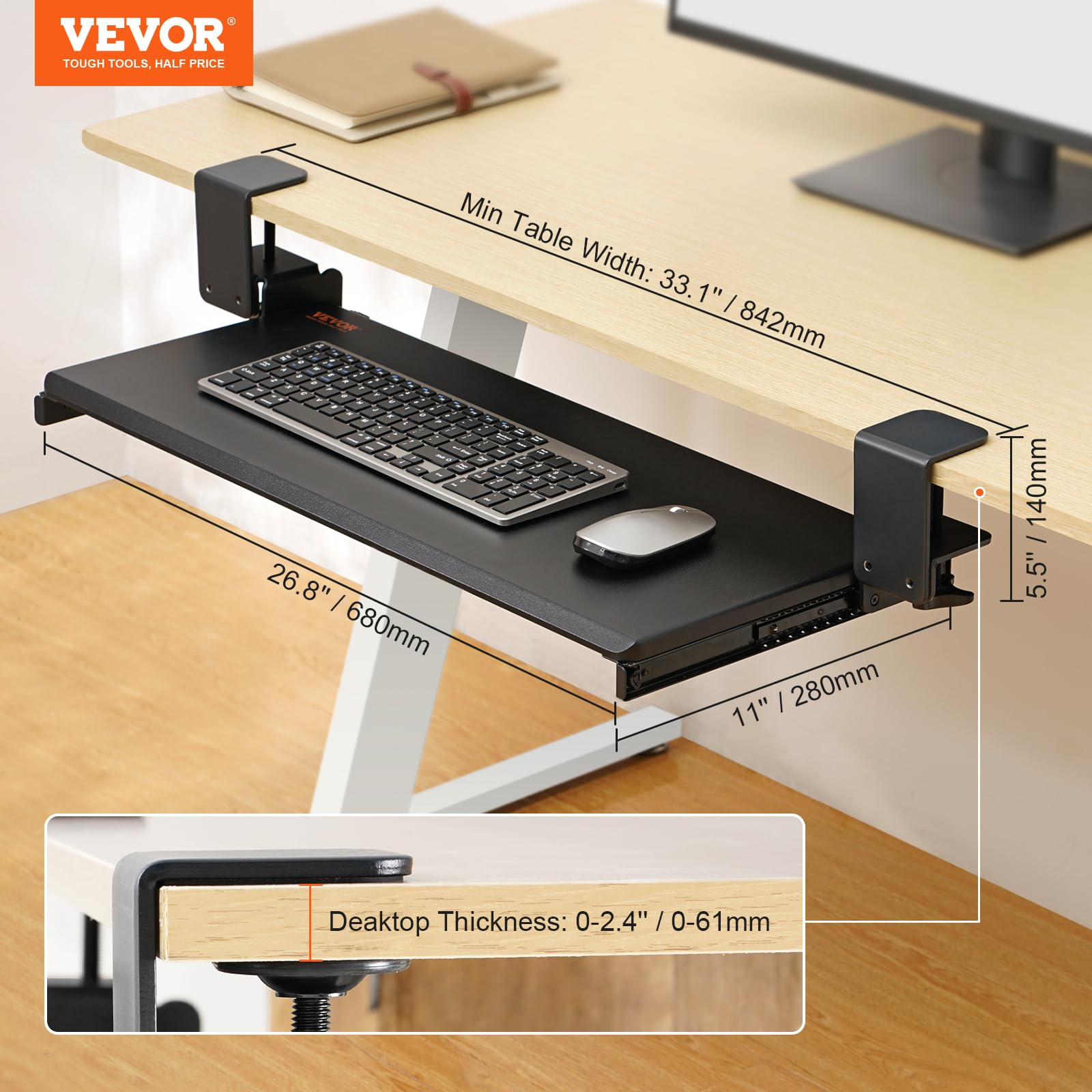 Clamp on Keyboard Tray Under Desk, Desk Keyboard Tray Slide Out with Sturdy No-Drill C Clamp Mount, Large 26.8 x 11 inch Slide-Out Computer Drawer for Typing in Home, Office Work