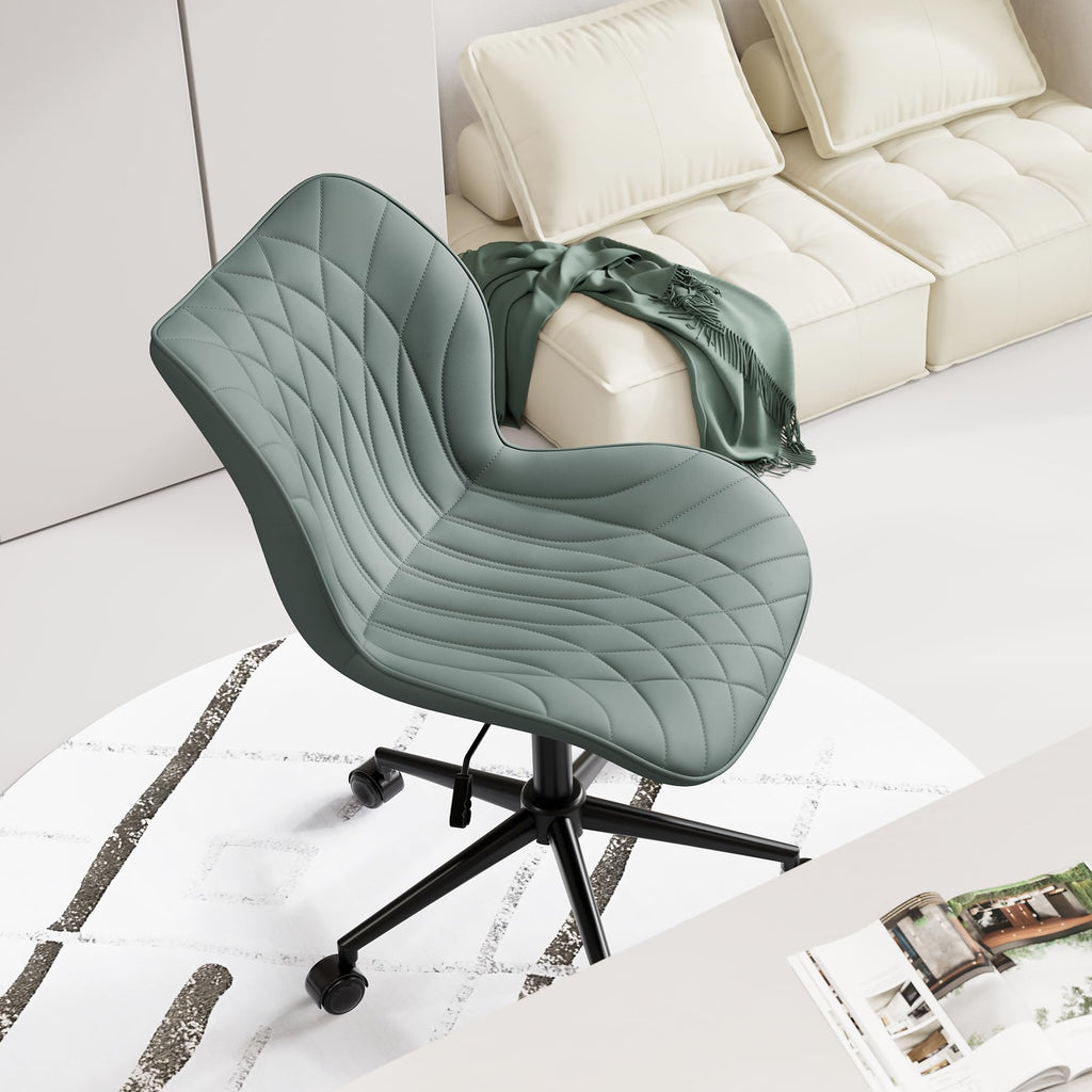 Armless Desk Chair Comfy Office Chair with Wheels Home Ergonomic Task Chair Adjustable Computer Chairs Modern Faux Leather Swivel Chair Upholstered Makeup Vanity Chair(Grayish Green)
