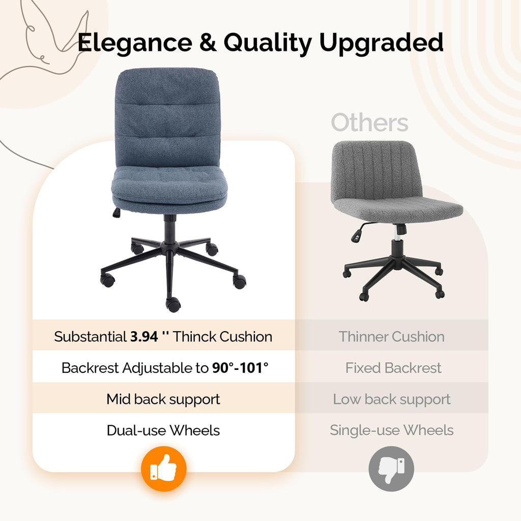 Mid Back Armless Office Desk Chair with Wheels/no Wheels,360°Rocking Swivel Vanity Chair with Thickened Cushion,Adjustable Height Rolling for Reading Room, Make up, Linen Navy Blue