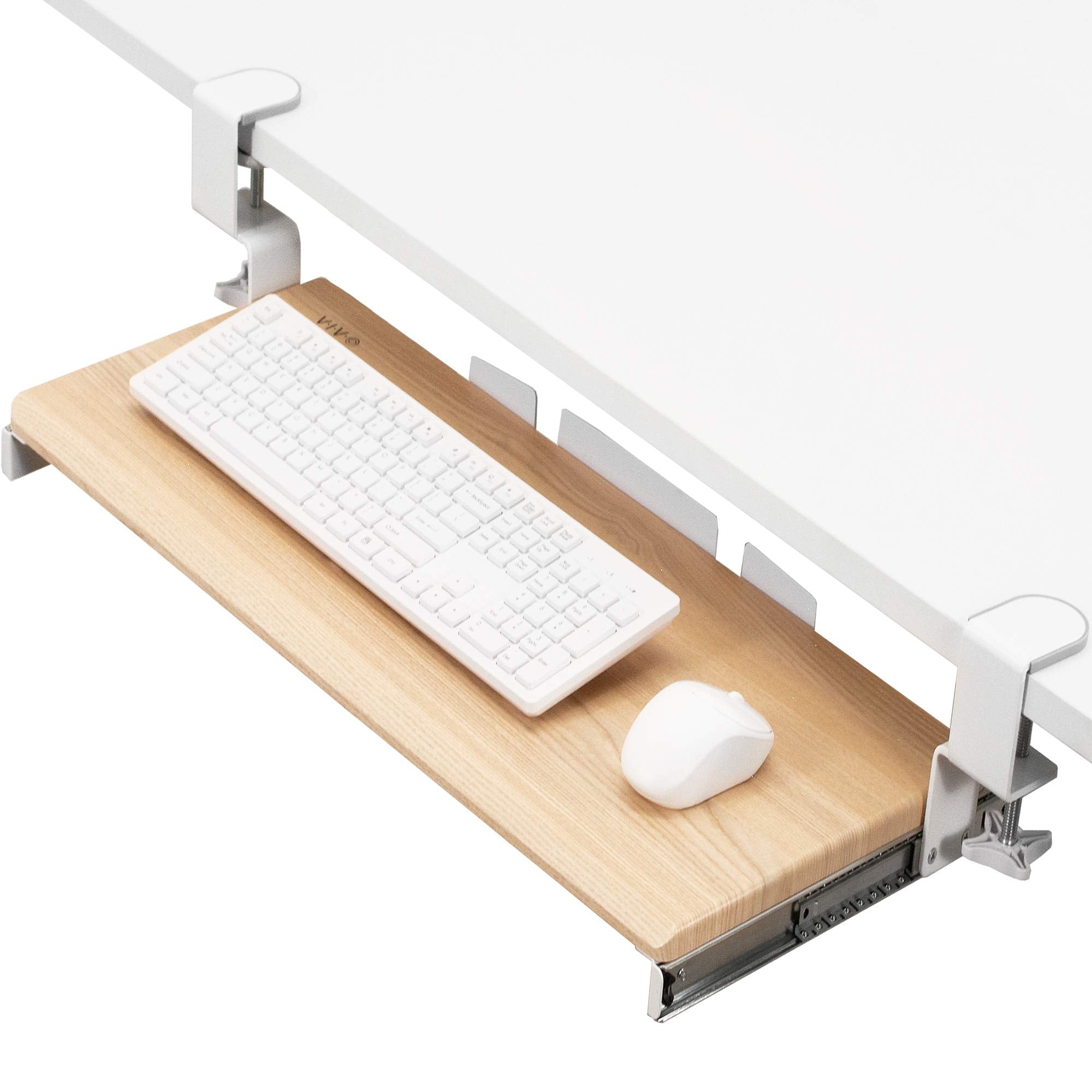 Large Clamp-on Computer Keyboard and Mouse Under Desk Slider Tray, 27 x 11 inch Pull Out Platform Drawer, Light Wood