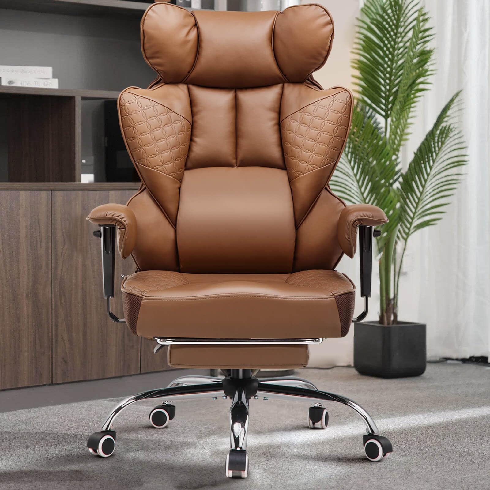 Big and Tall Gaming Chair 400lbs Heavy Duty Office Chair with Foot Rest & Ergonomic Pocket Spring Lumbar Support, High Back 3D Saddle Shaped Cushion for Back Pain Relief, Brown