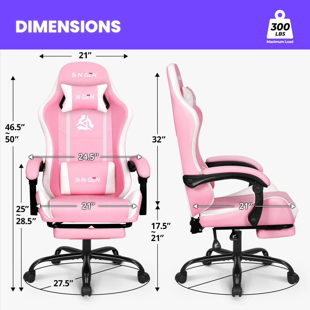 Gaming Chair with Footrest Lumbar Support for Home Office High Back Recliner Height Adjustable Ergonomic Comfy Leather Computer Desk Chair (Pink)