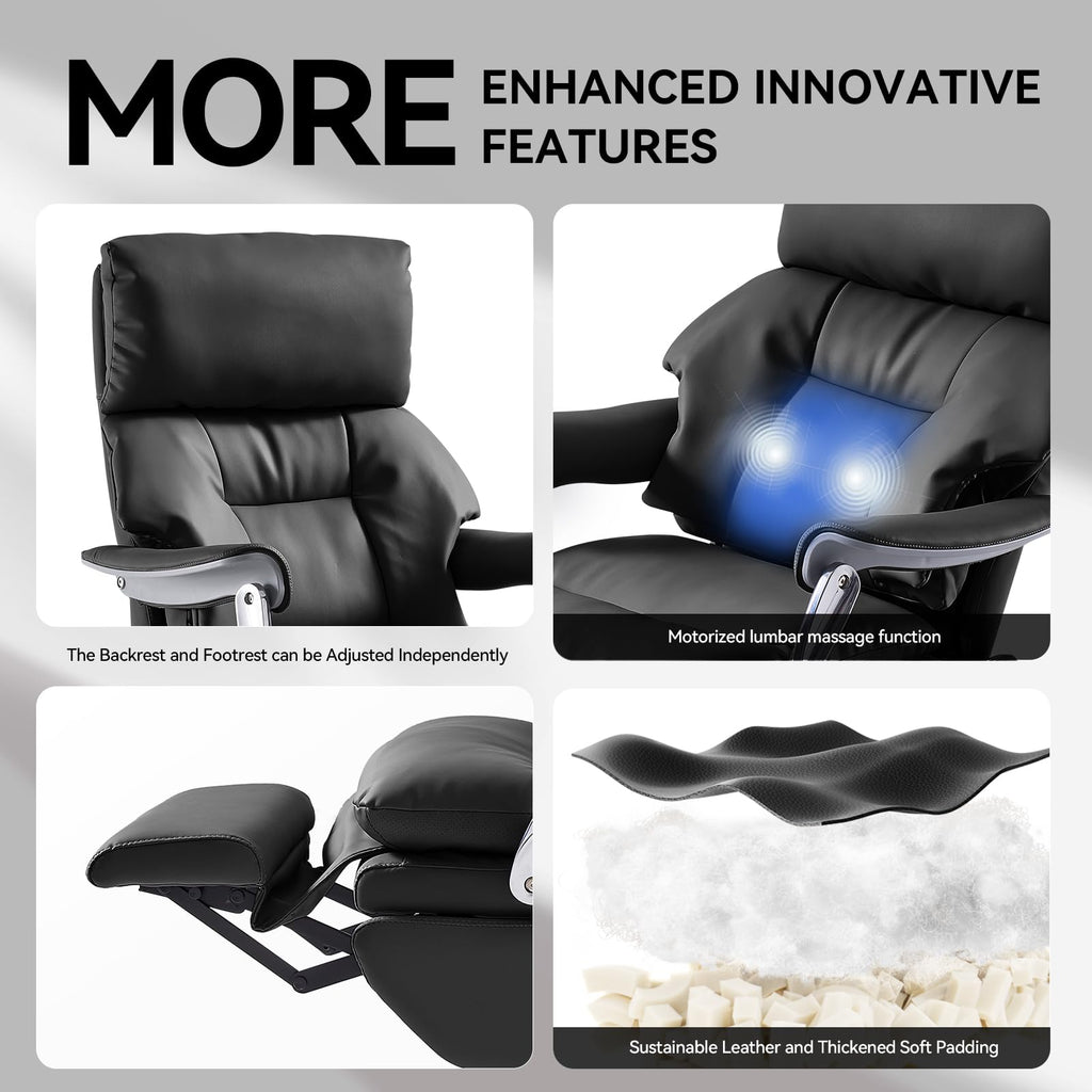 Ergonomic Office Chair with Foot Rest Electric Executive Office Chair-Power Reclining with Massage Big and Tall High Back Computer Chair with Wheels, Sustainable Leather（Black）