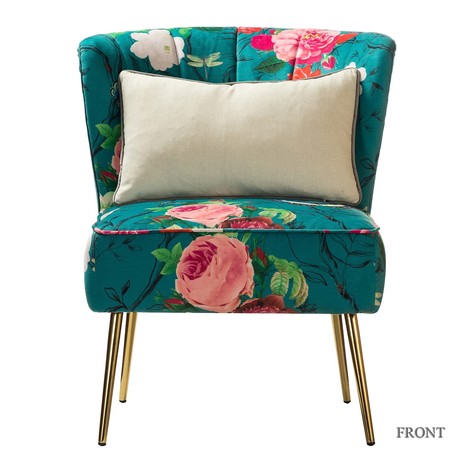 Accent Chair with Golden Metal Legs, Comfy Tufted Wingback Living Room Chair Floral Fabric Small Armless Side Chair, Upholstered Slipper Chair for Bedroom, Reading Room (Flower Print&BLUE)