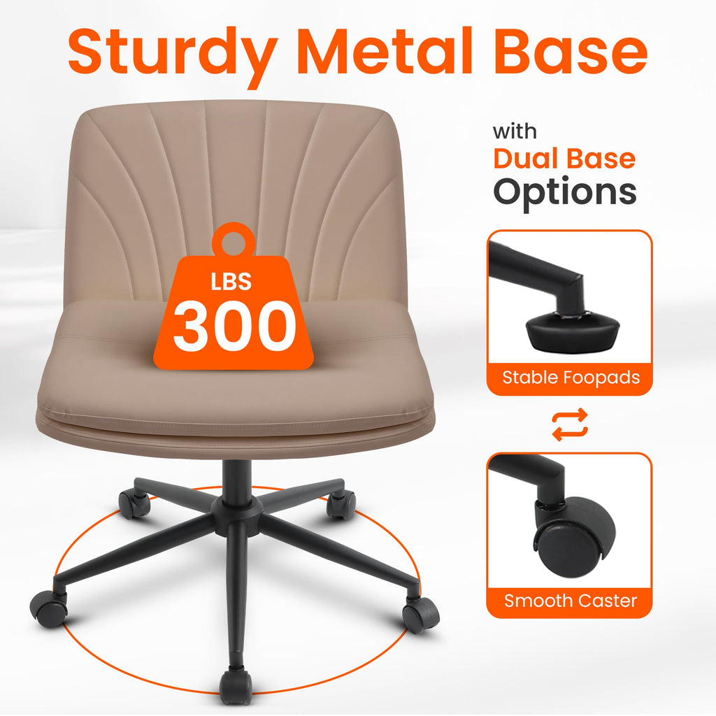 Criss Cross Chair with Wheels Comfy Wide Vanity Desk Chair Dual Base Leather Armless Adjustable Swivel for Home Computer Task (Brown Pu, Faux Leather)