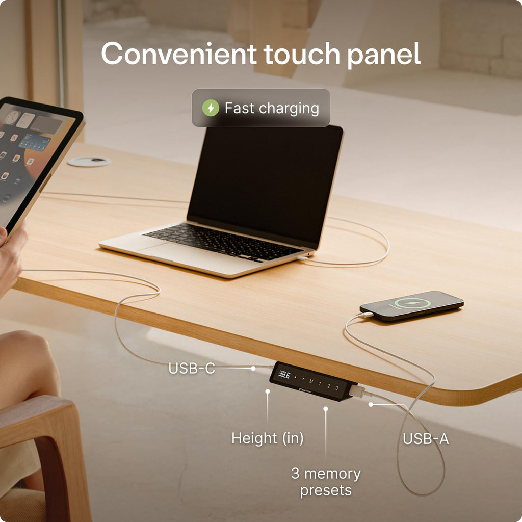Standing Desk 48x24 — Made in Europe, Ergonomic Sit Stand Home Office Desk, Electric Height Adjustable, Dual Motor, USB & USB-C Charging, Wobble-Free, Touchscreen, 3 Memory Presets