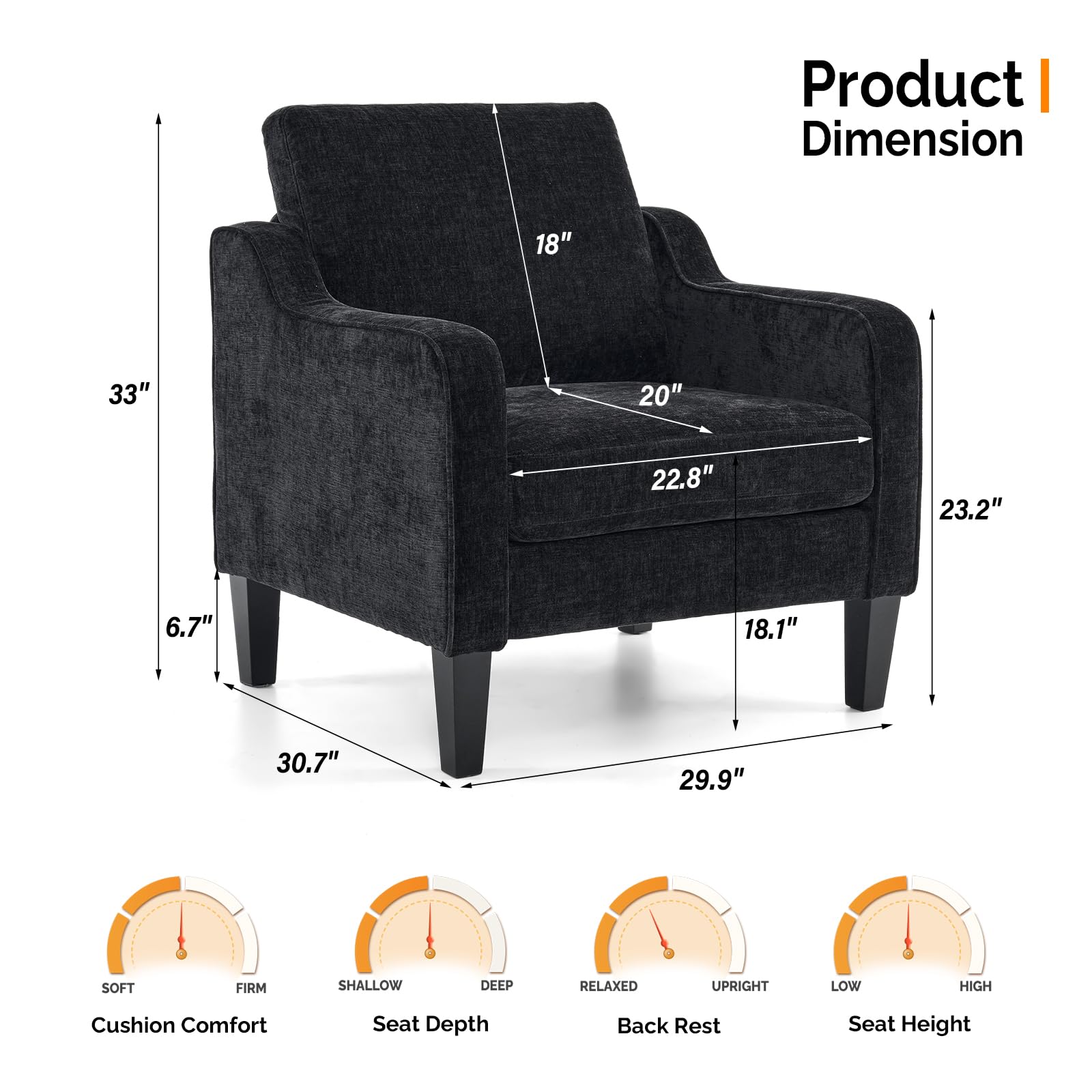 Mid-Century Modern Accent Chair, Black Chenille, 30" (W) x 30.7" (D) x 33" (H), 1 Seat, 380 lbs Weight Capacity