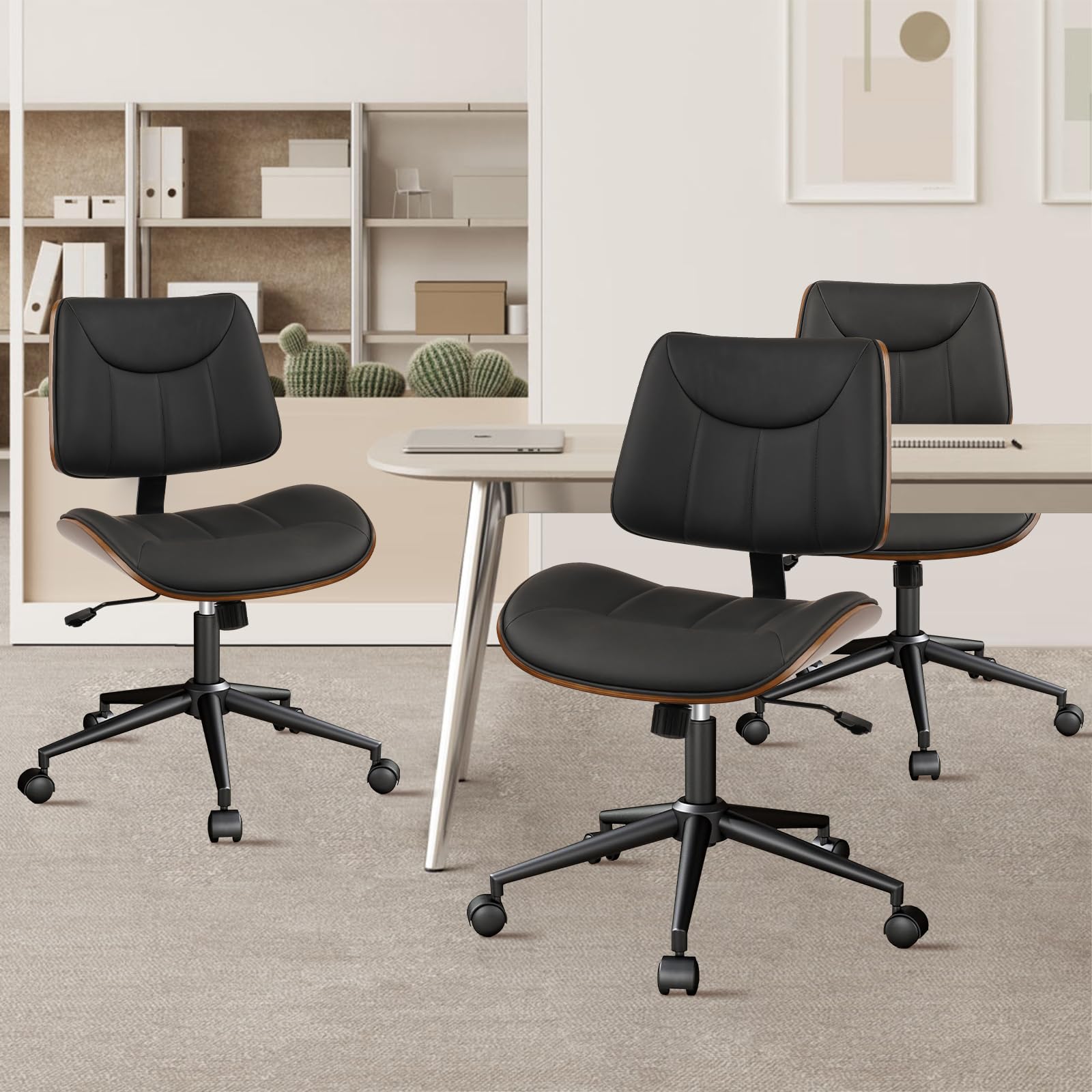 4Pack, Office Chair Armless with Wheels, Mid-Century Modern Walnut Desk Chair, Adjustable Height Reading Chair, PU Leather Mid Back & Swivel Computer Chairs for Home Meeting Room Bedroom, Black