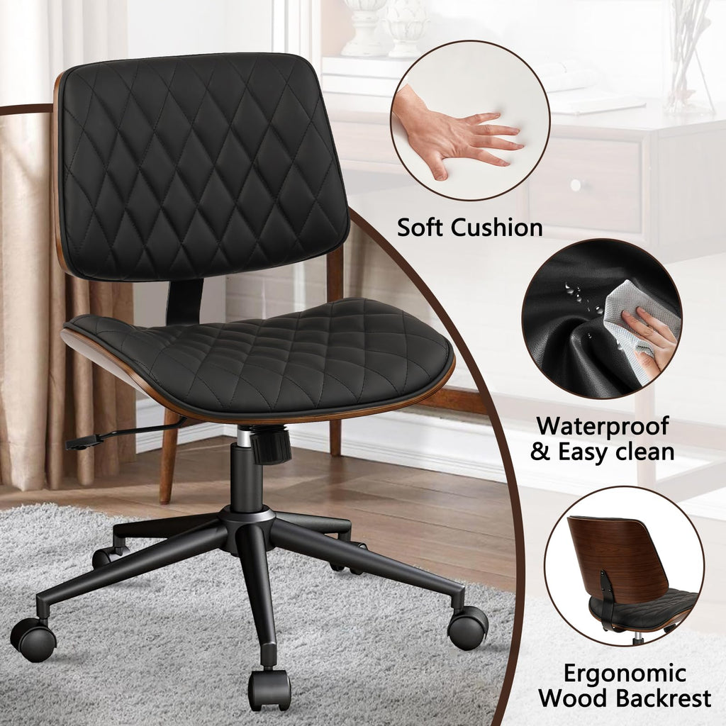 Home Office Desk Chair with Wheels, Adjustable Height Armless Office Chair, PU Leather Mid Back 360 Swivel Computer Chair, Modern Walnut Chair for Home, Meeting, Reading Room,Black(2 pk)