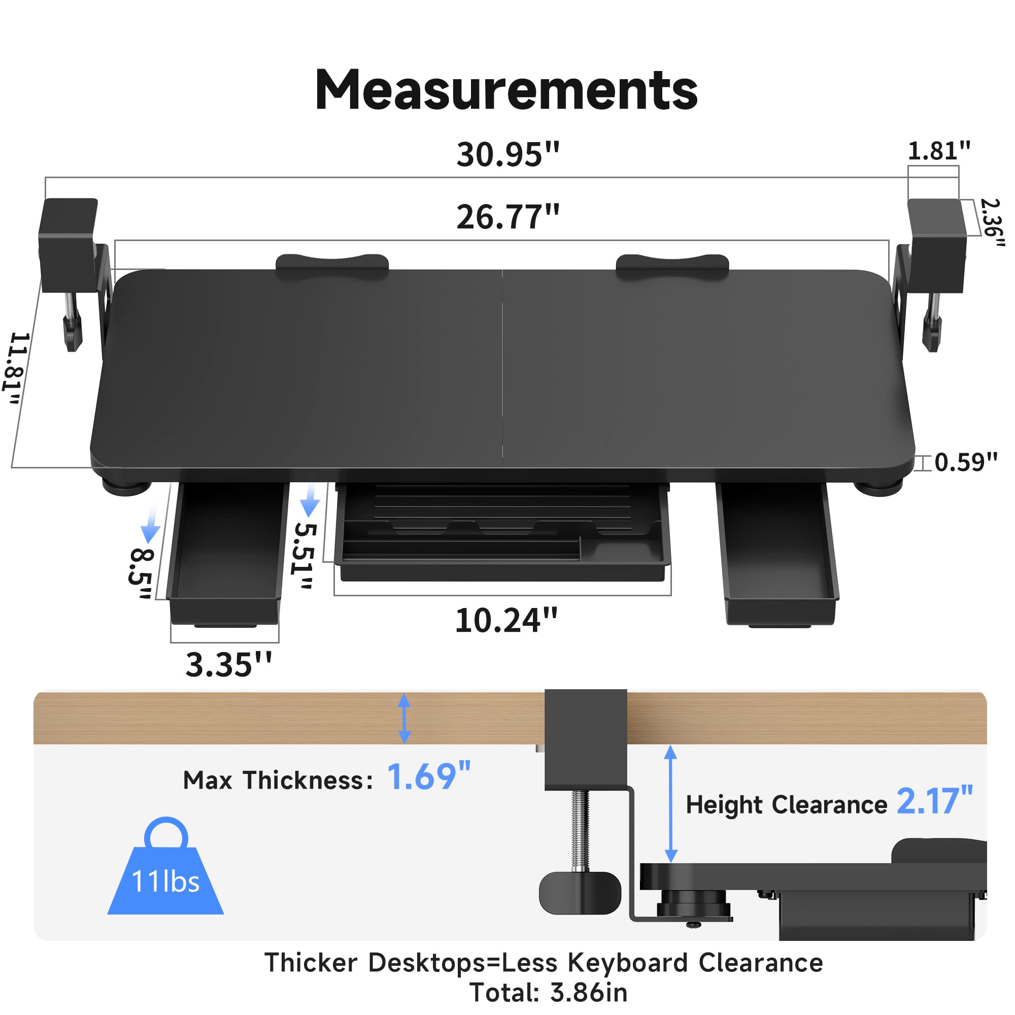 Keyboard Tray Under Desk with Storage Drawer Large C-Clamp 26.7”(31” Including Clamps) x 11.8” Slide-Out Platform Computer Drawer Pull Out Keyboard & Mouse Tray