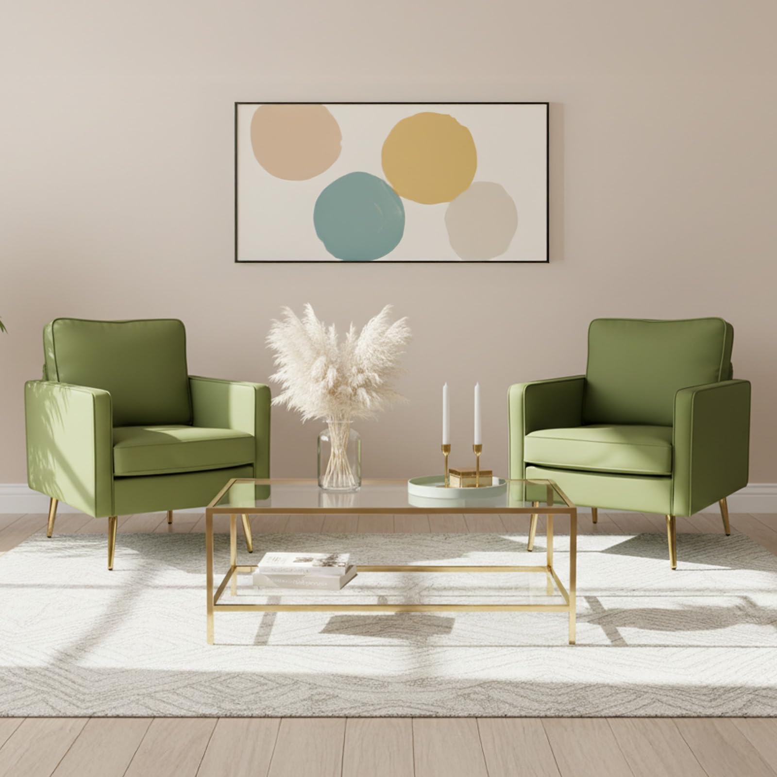 Modern PU Leather Accent Chairs Set of 2, Single Sofa Chair with Pocket Coil Seat, Metal Backrest & Solid Wood Frame, Upholstered Armchair for Office, Living Room, Bedroom