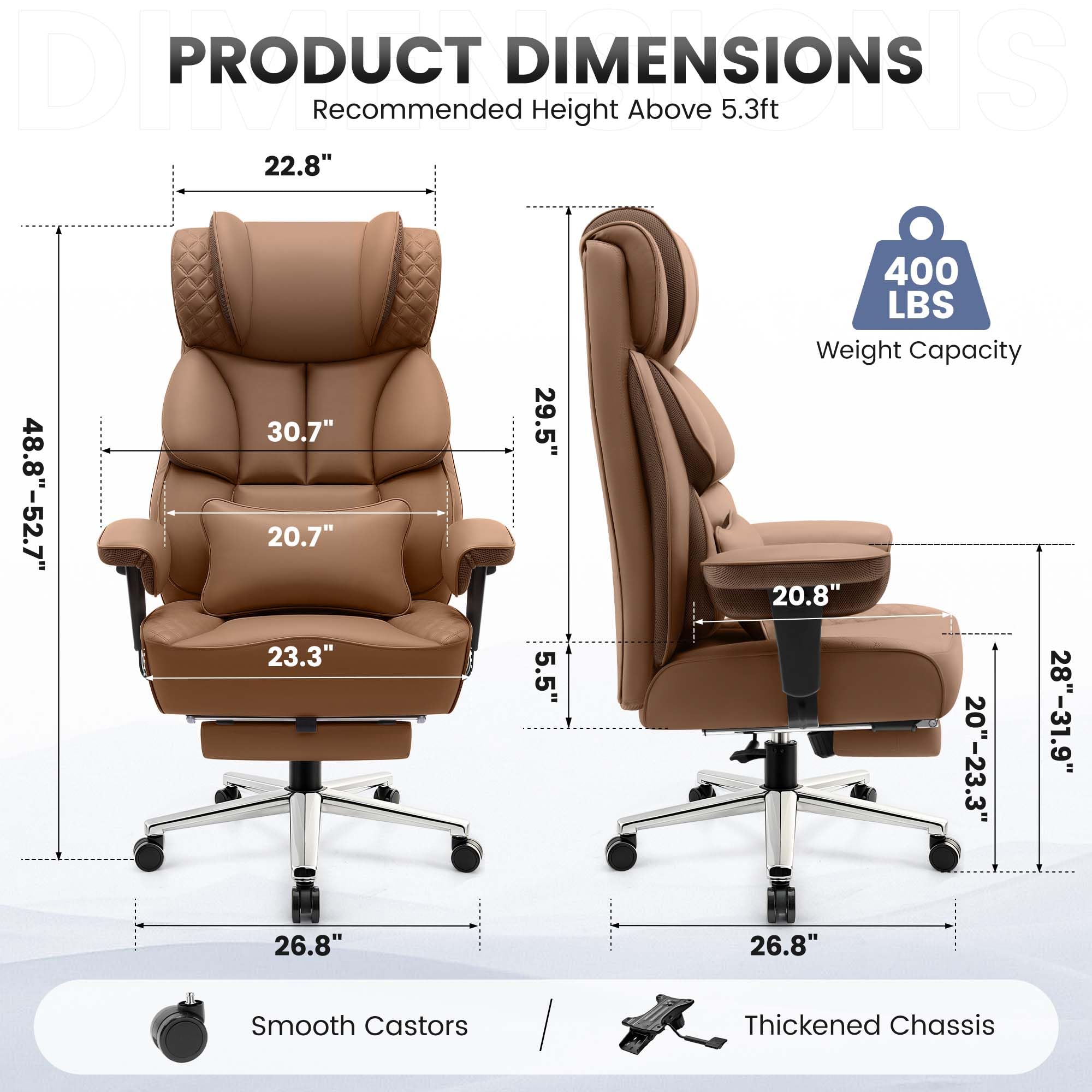 Office Desk Chair, Big and Tall Leather Gaming Chair with Footrest, Ergonomic Comfy Executive High-Back Reclining Computer Chairs, Wide Swivel Rolling Wheels and Padded Lumbar Support, Khaki